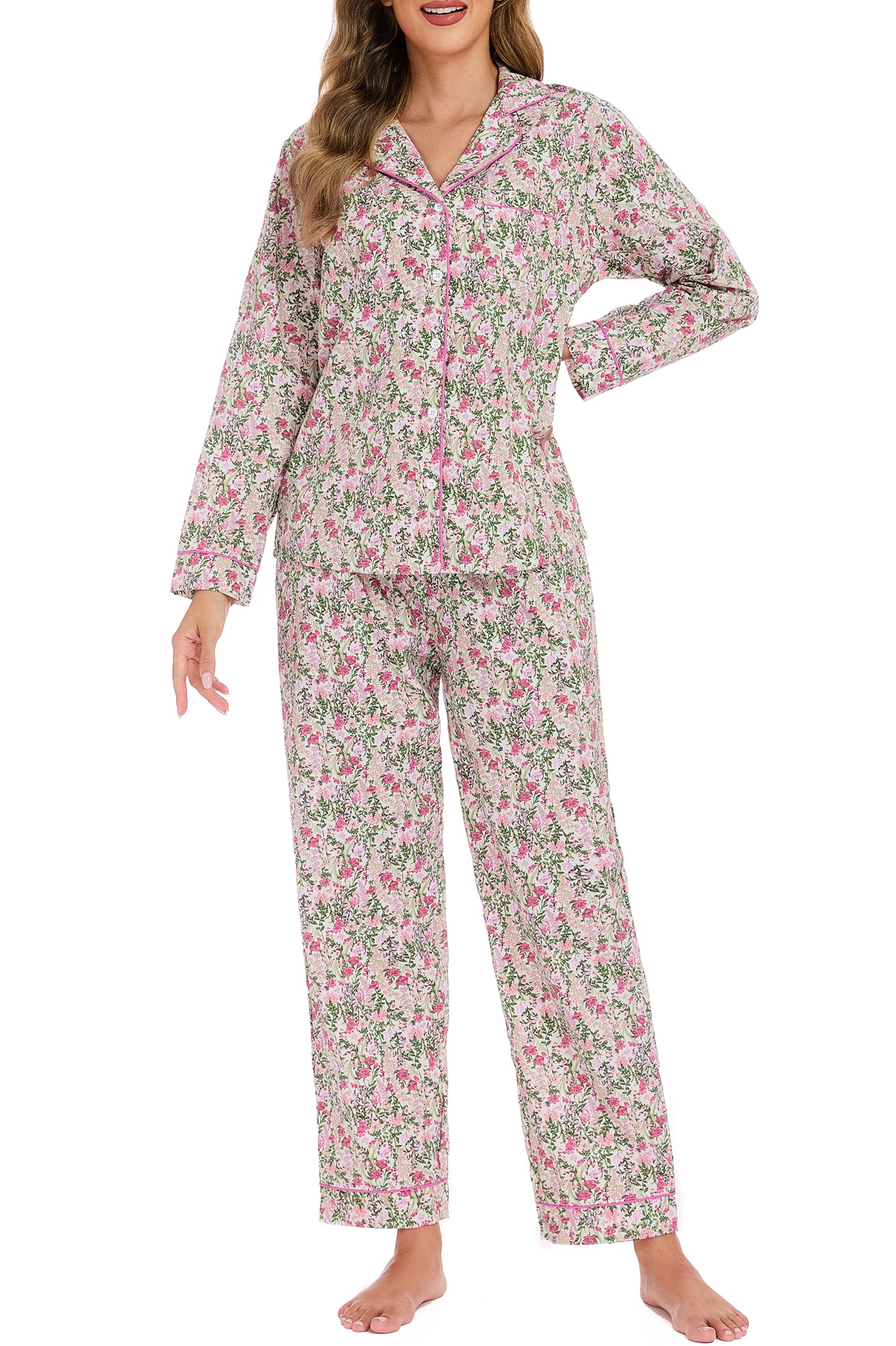 LUBOT 100% Cotton Pajamas for Women 2 Piece PJ Set Woven Poplin Ladies Button Down Long Sleeve Printed Sleepwear