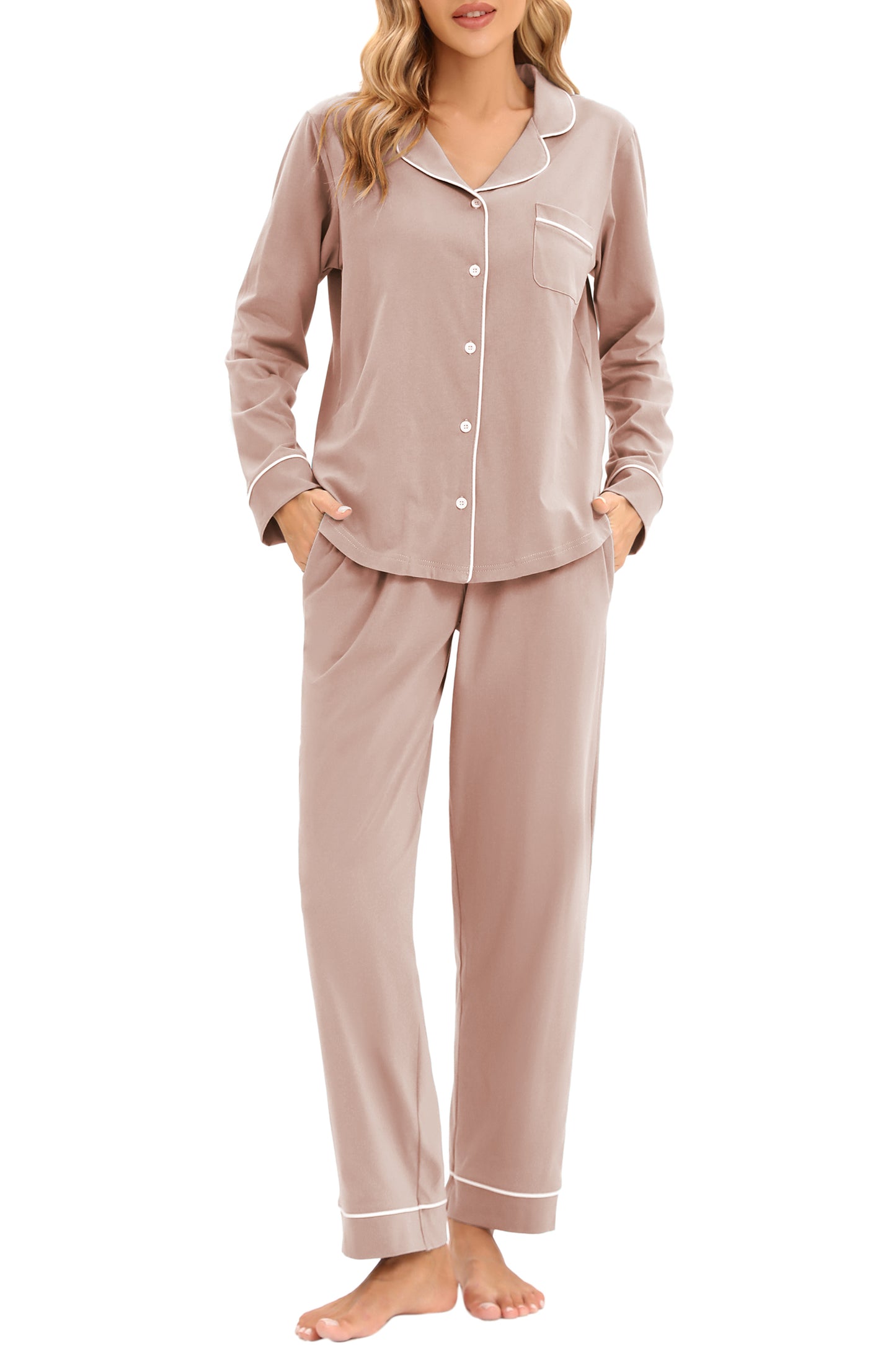 LUBOT 100% Cotton Pajamas for Women PJ Set Soft Button-Down 2 Piece Set Knitted Long Sleeve