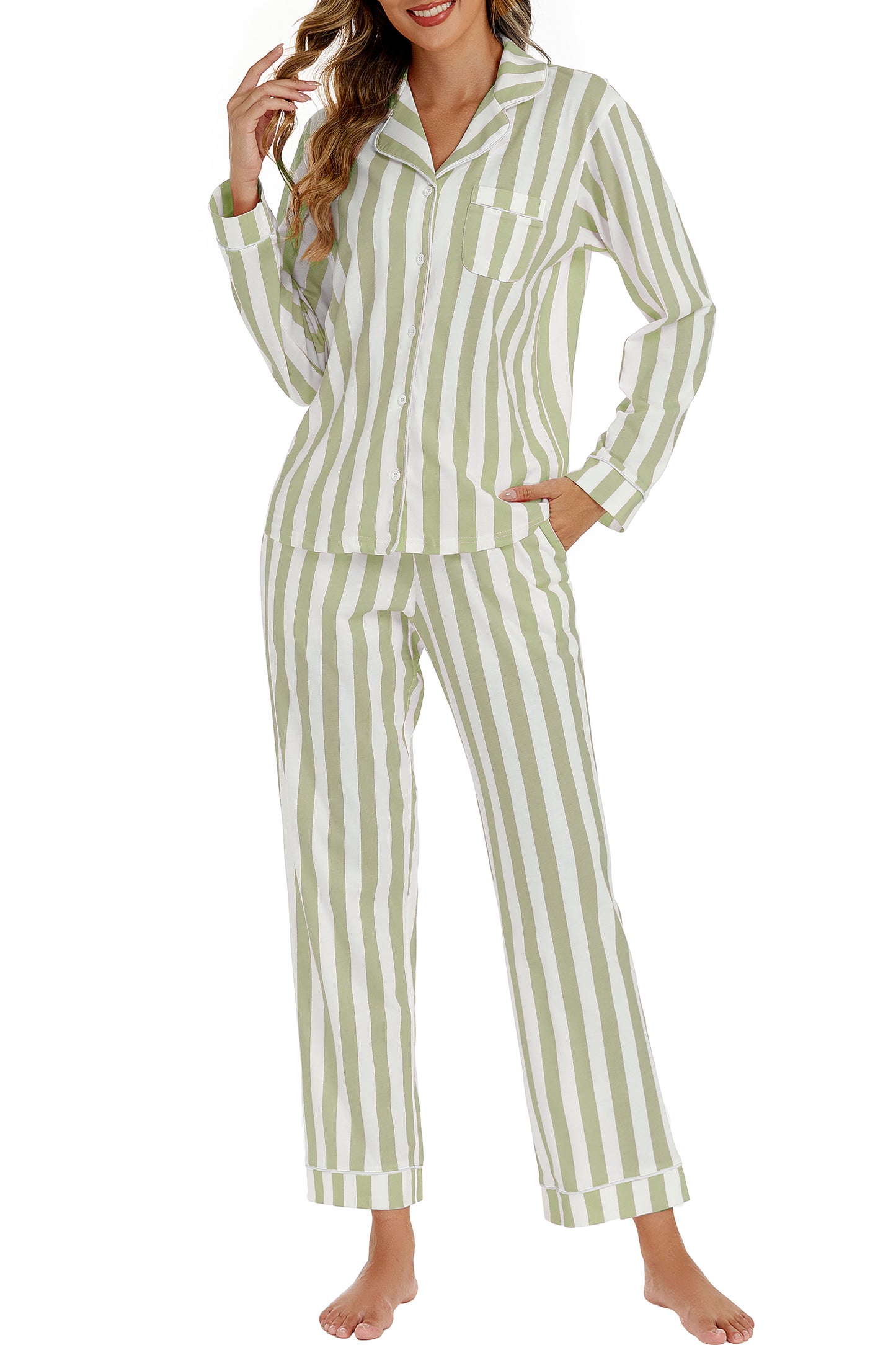 LUBOT 2026 100% Cotton Pajamas for Women PJ Set Soft Button 2 Piece Ladies Printed Knit Long Sleeve