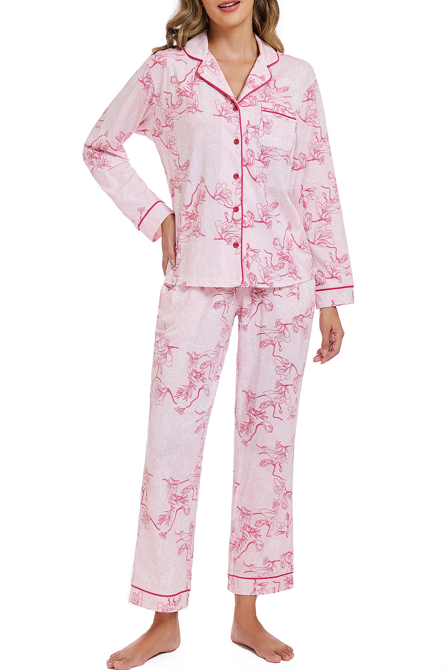 LUBOT 2026 100% Cotton Pajamas for Women PJ Set Soft Button 2 Piece Ladies Printed Knit Long Sleeve