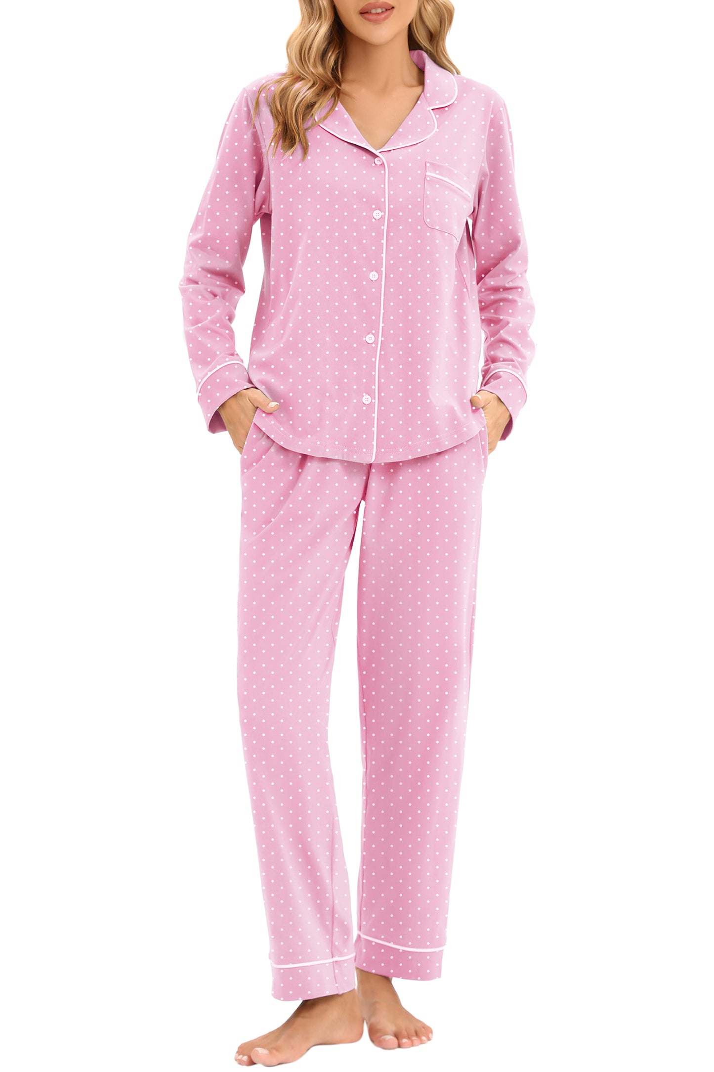 LUBOT 100% Cotton Pajamas for Women 2 Piece PJ Set Woven Poplin Ladies Button Down Long Sleeve Printed Sleepwear