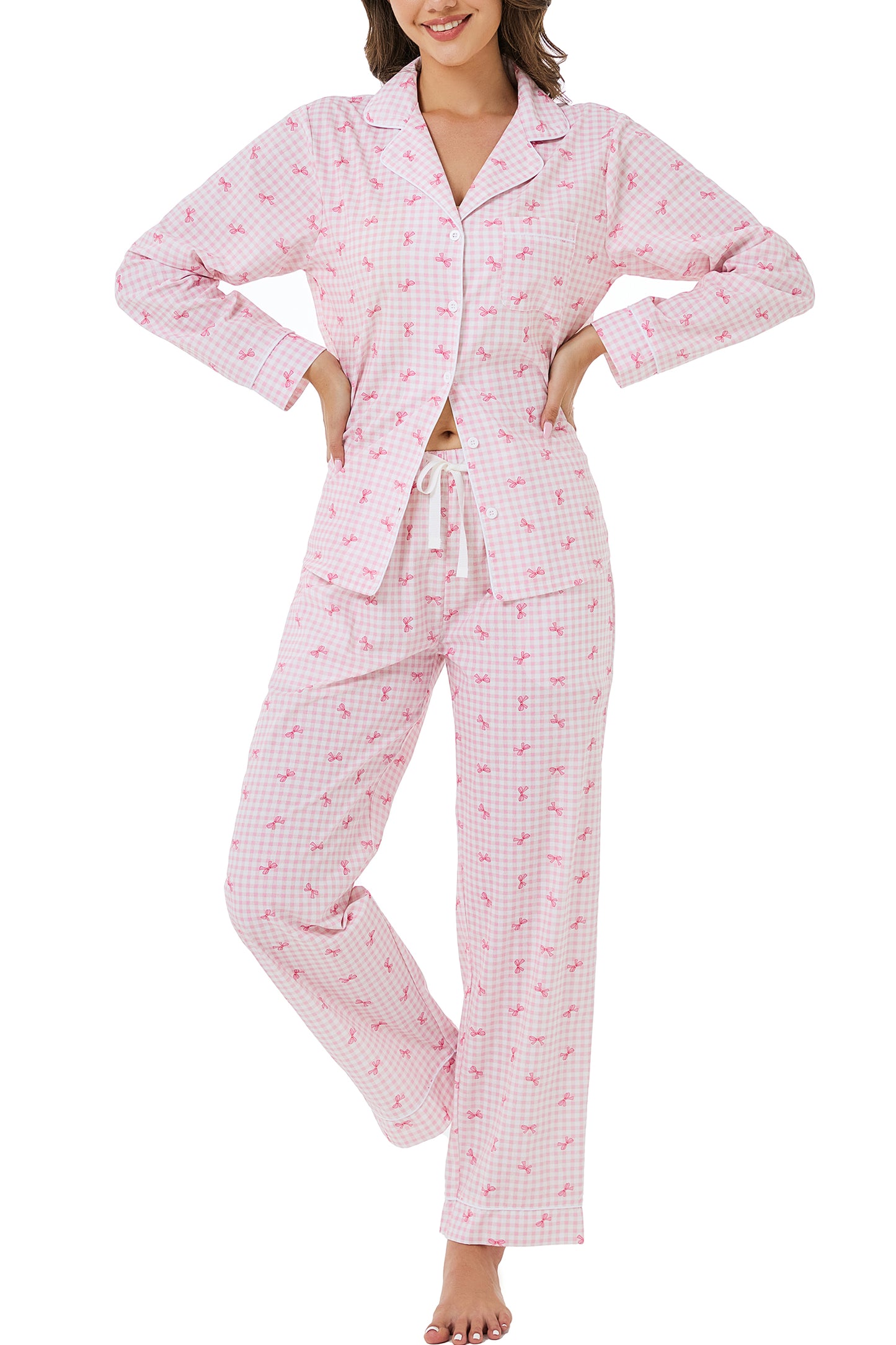 LUBOT 100% Cotton Pajamas for Women 2 Piece PJ Set Woven Poplin Ladies Button Down Long Sleeve Printed Sleepwear