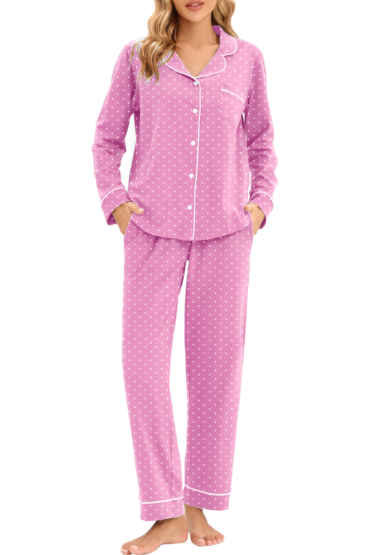 LUBOT 2026 100% Cotton Pajamas for Women PJ Set Soft Button 2 Piece Ladies Printed Knit Long Sleeve