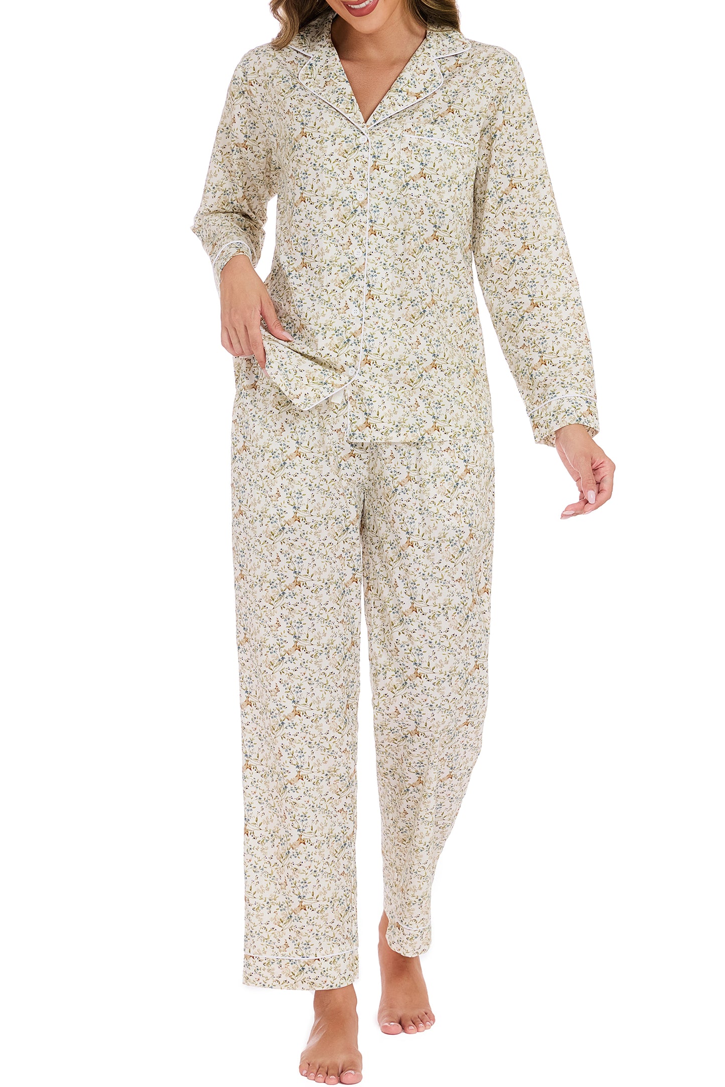 LUBOT 100% Cotton Pajamas for Women 2 Piece PJ Set Woven Poplin Ladies Button Down Long Sleeve Printed Sleepwear