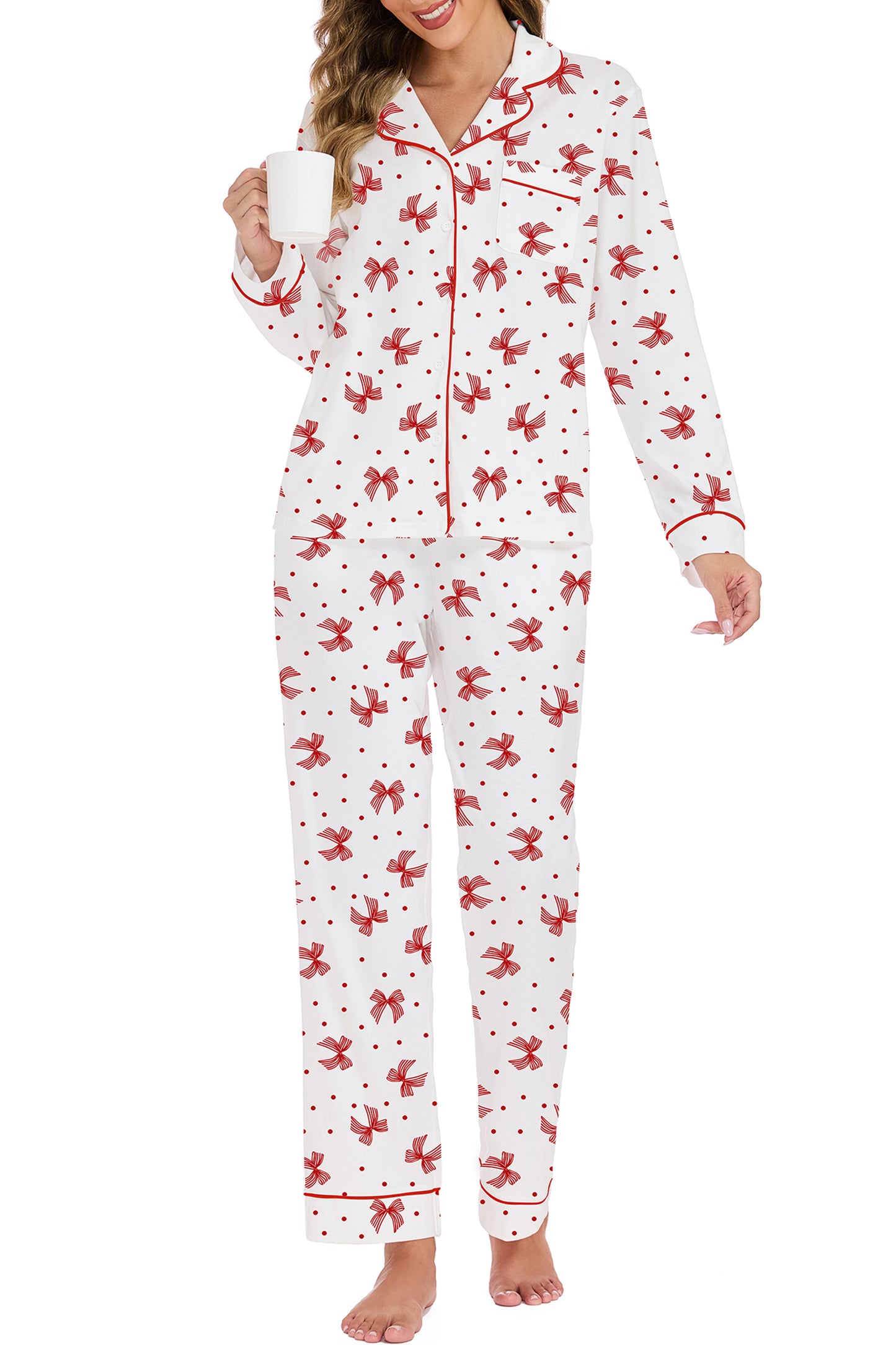 LUBOT 100% Cotton Pajamas for Women 2 Piece PJ Set Woven Poplin Ladies Button Down Long Sleeve Printed Sleepwear