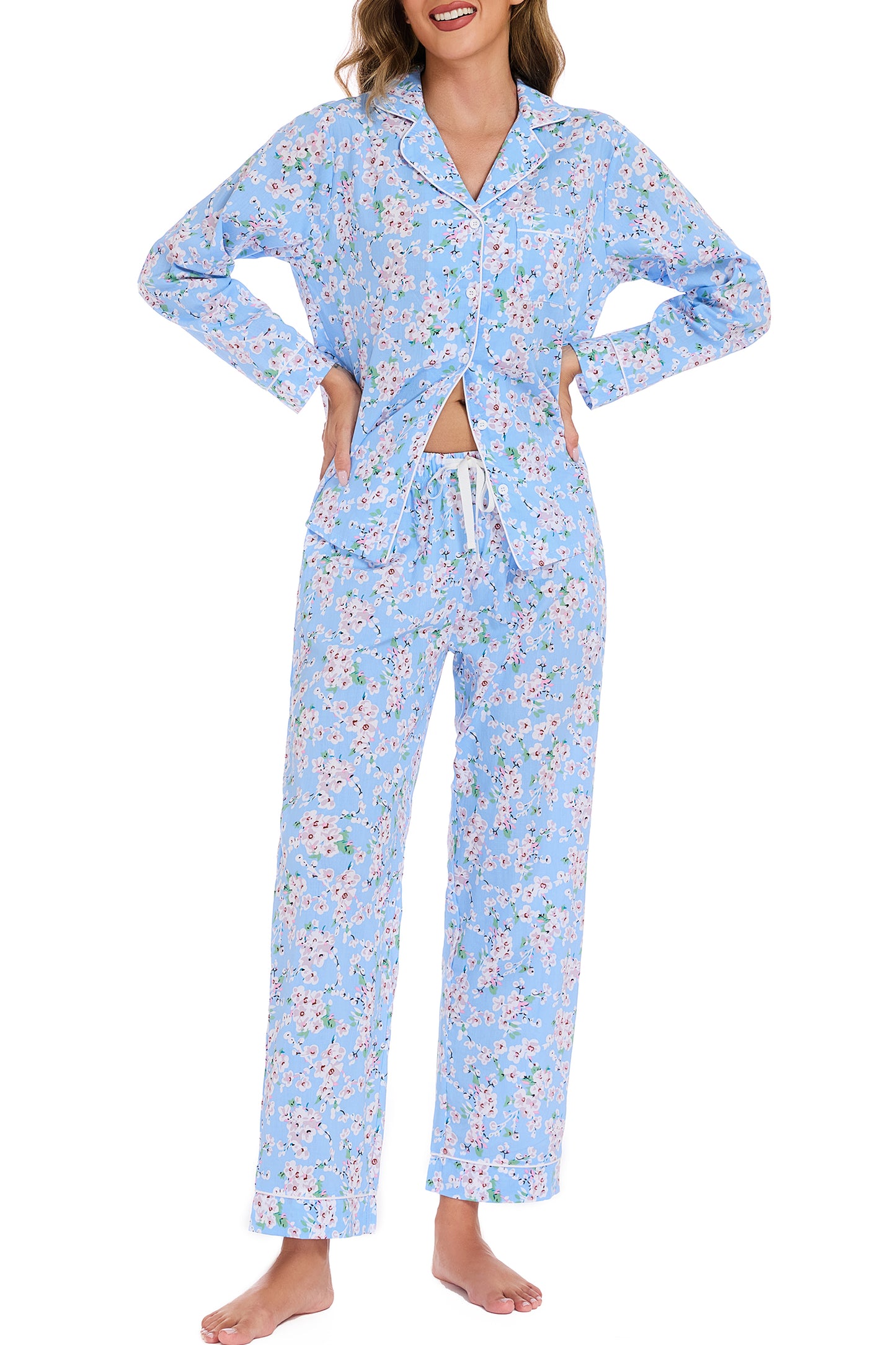 LUBOT 100% Cotton Pajamas for Women 2 Piece PJ Set Woven Poplin Ladies Button Down Long Sleeve Printed Sleepwear