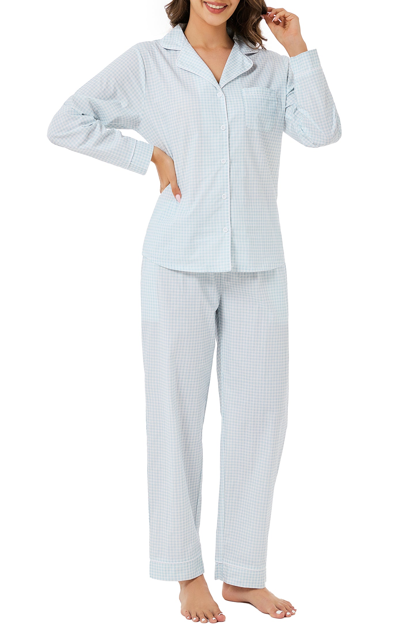 LUBOT 100% Cotton Pajamas for Women 2 Piece PJ Set Woven Poplin Ladies Button Down Long Sleeve Printed Sleepwear