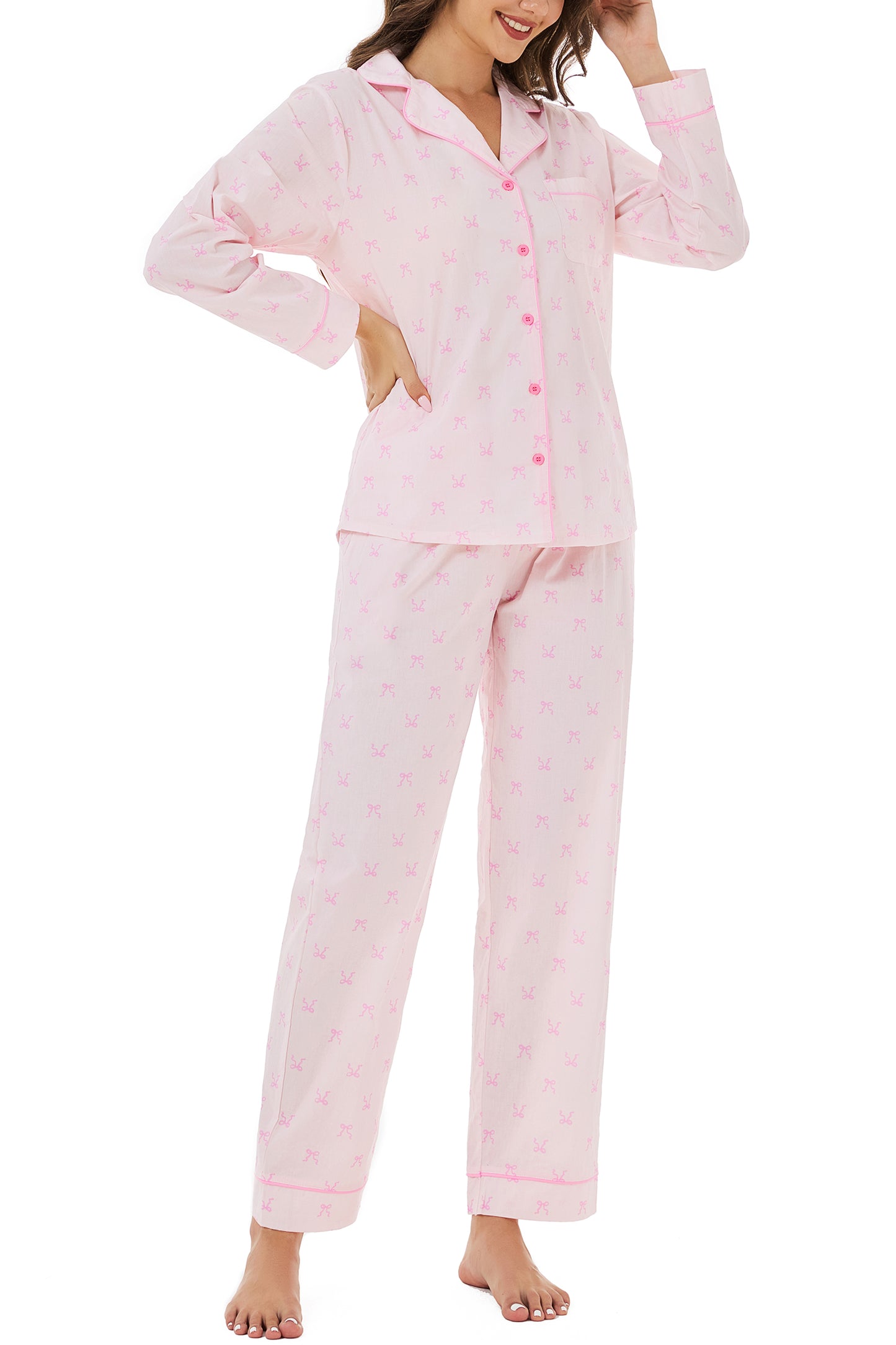 LUBOT 100% Cotton Pajamas for Women 2 Piece PJ Set Woven Poplin Ladies Button Down Long Sleeve Printed Sleepwear