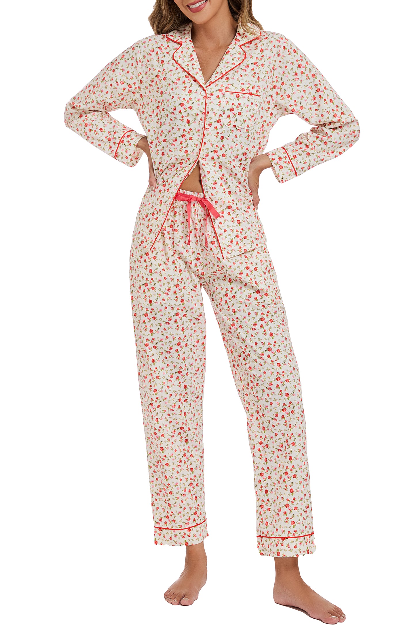 LUBOT 100% Cotton Pajamas for Women 2 Piece PJ Set Woven Poplin Ladies Button Down Long Sleeve Printed Sleepwear