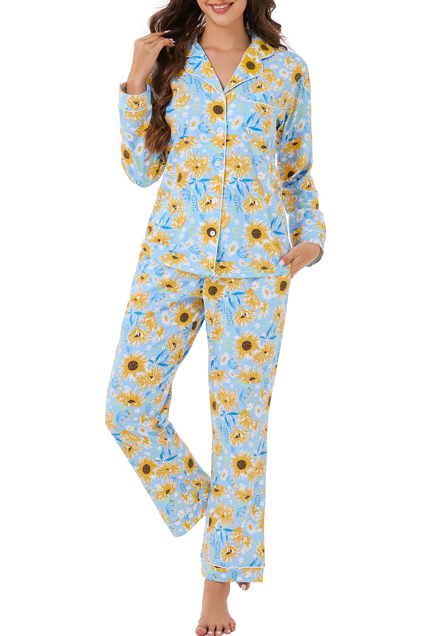 LUBOT 2026 100% Cotton Pajamas for Women PJ Set Soft Button 2 Piece Ladies Printed Knit Long Sleeve