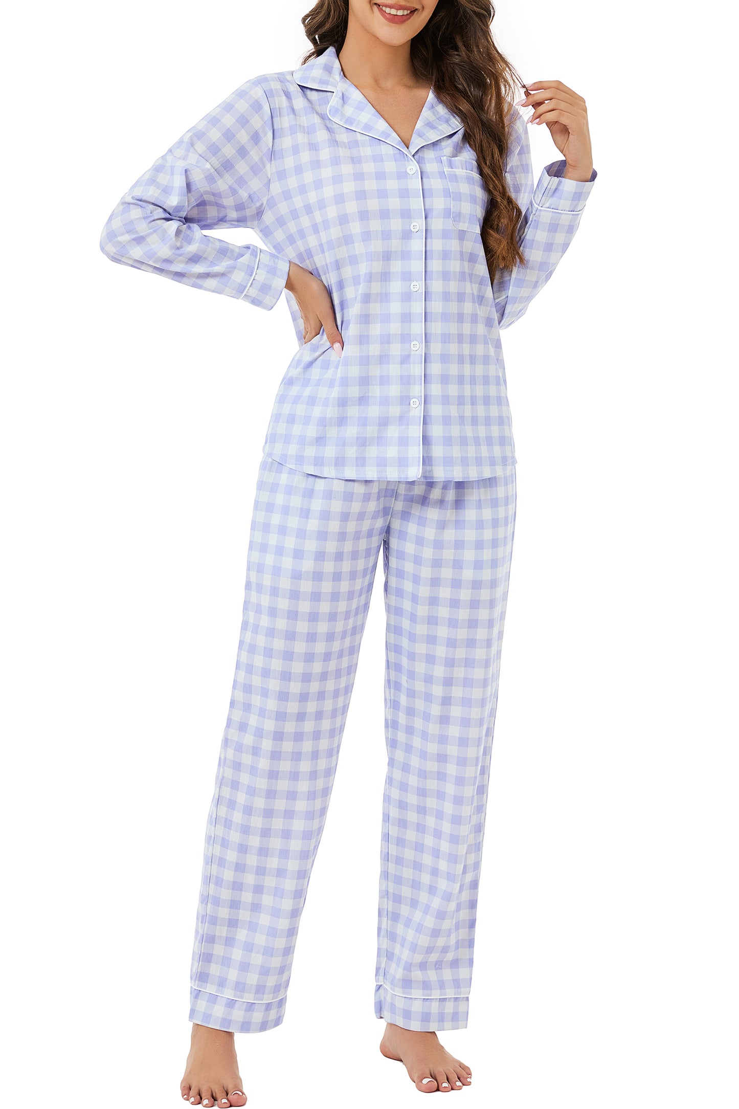 LUBOT 100% Cotton Pajamas for Women 2 Piece PJ Set Woven Poplin Ladies Button Down Long Sleeve Printed Sleepwear