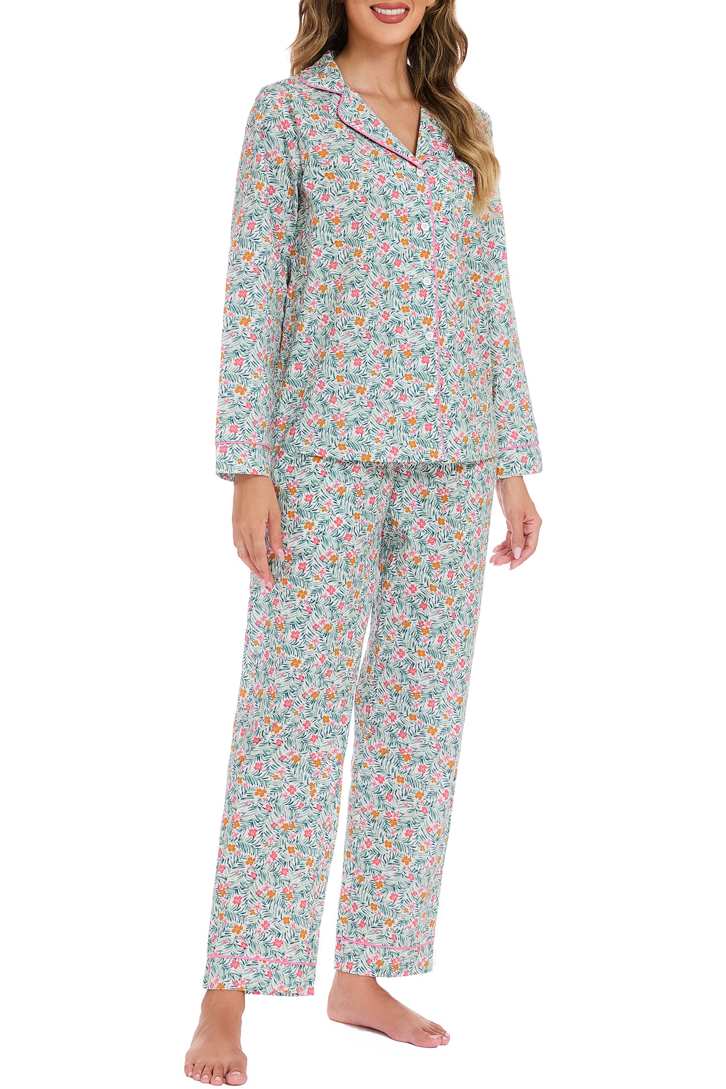 LUBOT 100% Cotton Pajamas for Women 2 Piece PJ Set Woven Poplin Ladies Button Down Long Sleeve Printed Sleepwear