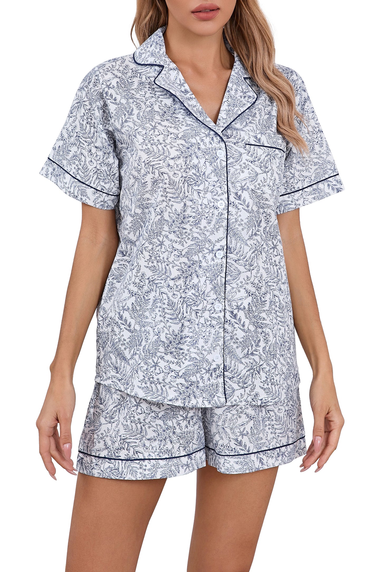 LUBOT 100% Cotton Pajamas for Women 2 Piece PJ Set Woven Poplin Ladies Button Down Short Sleeve Summer Sleepwear