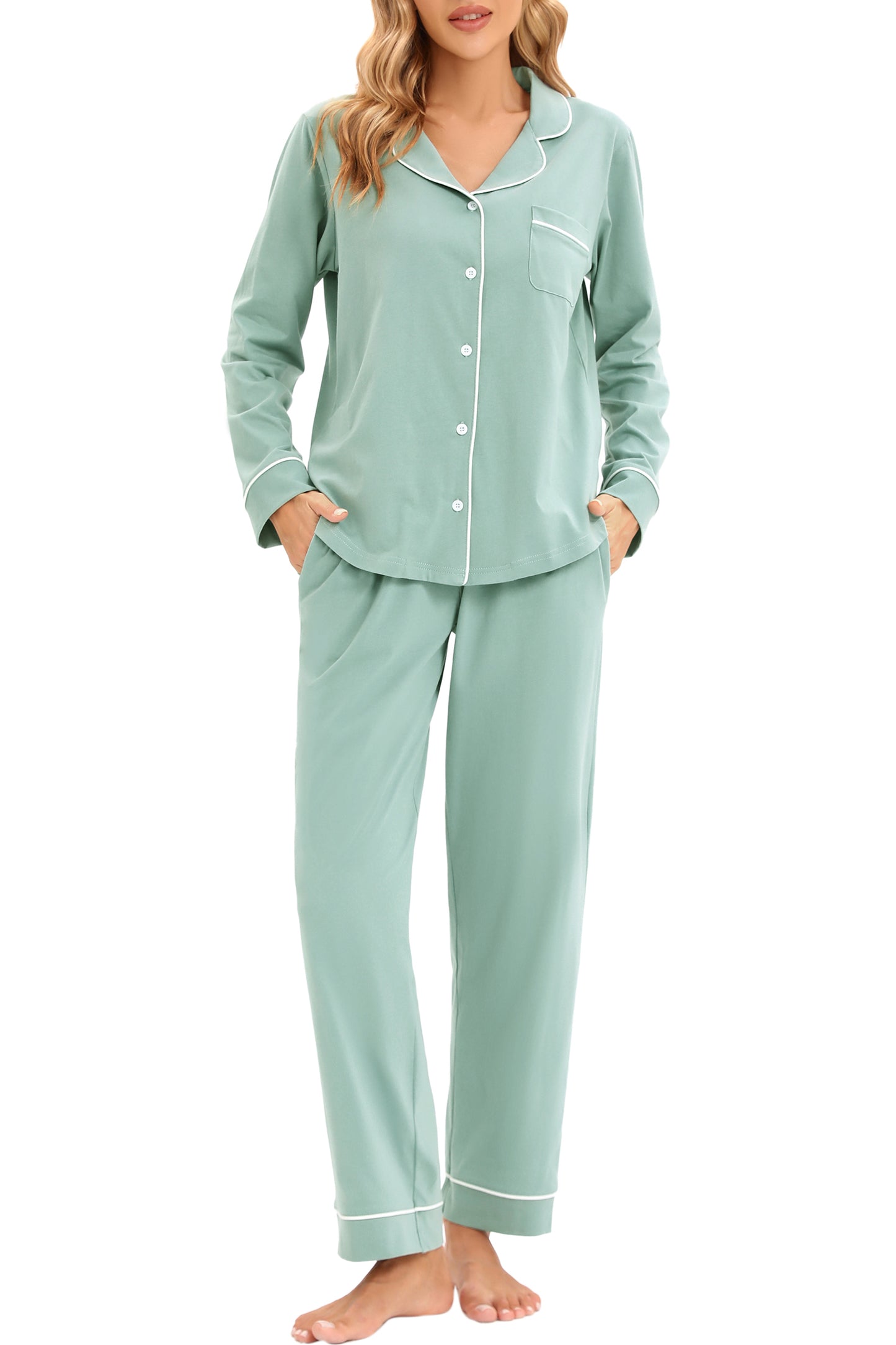 LUBOT 100% Cotton Pajamas for Women PJ Set Soft Button-Down 2 Piece Set Knitted Long Sleeve