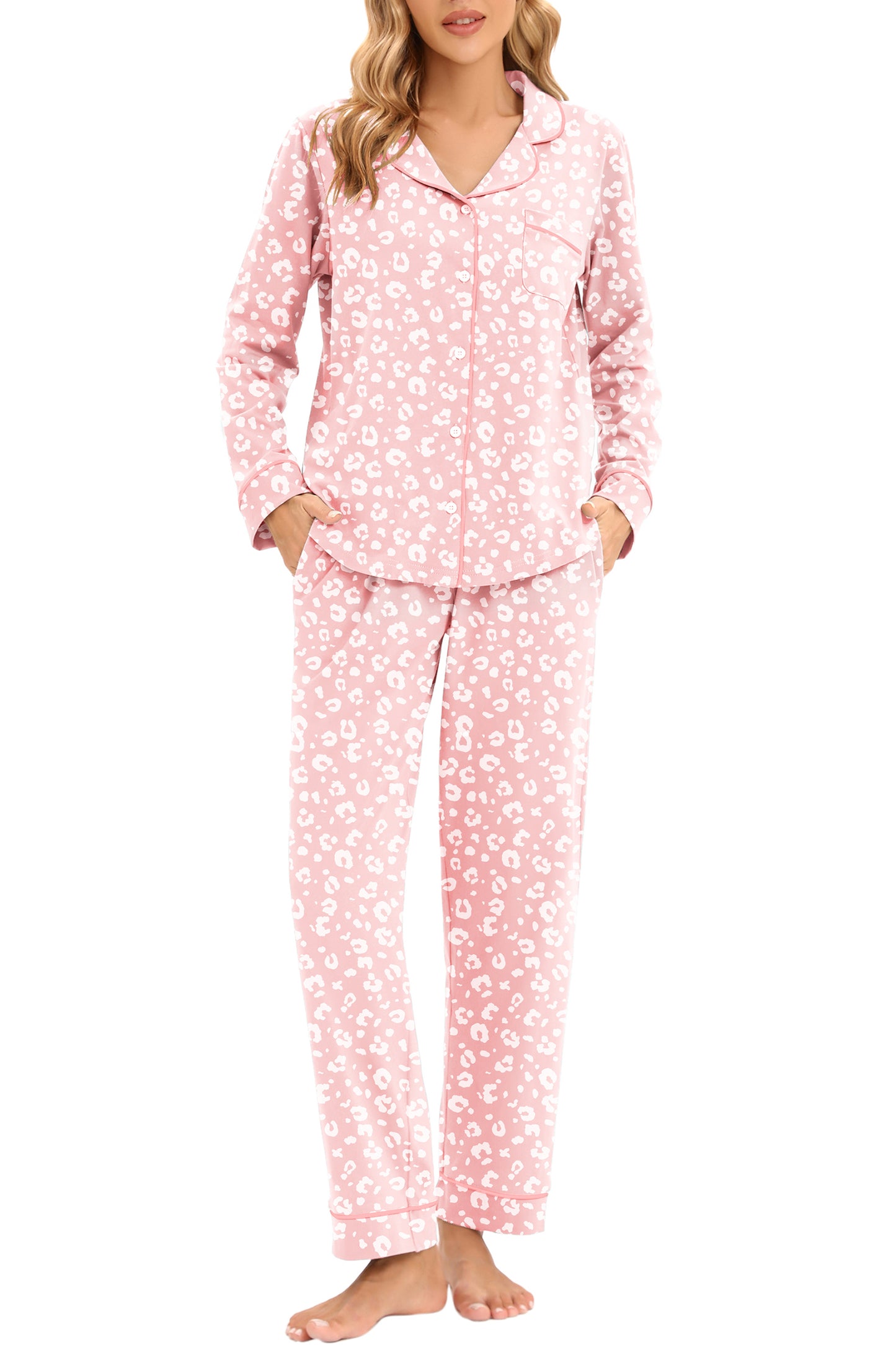 LUBOT 2026 100% Cotton Pajamas for Women PJ Set Soft Button 2 Piece Ladies Printed Knit Long Sleeve