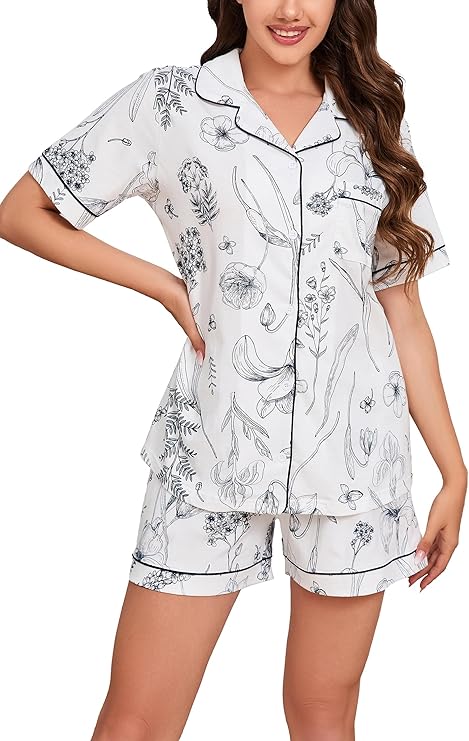 LUBOT 100% Cotton Pajamas for Women 2 Piece PJ Set Button-Down Soft Printed Knit Short Sleeve
