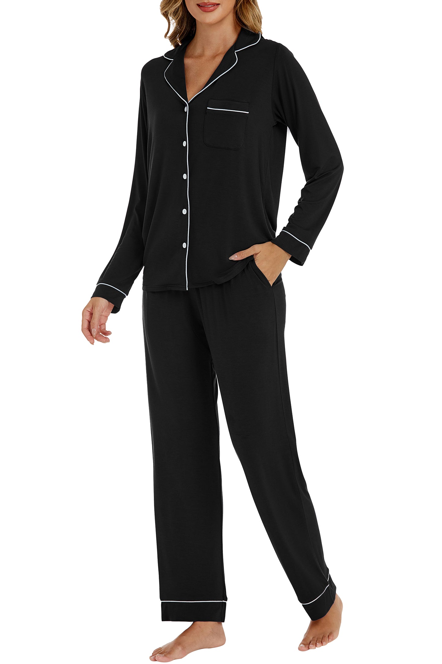 LUBOT Womens Bamboo Viscose Pajamas Set Cooling Super Soft 2 Piece PJ Set Button-Down Long Sleeve