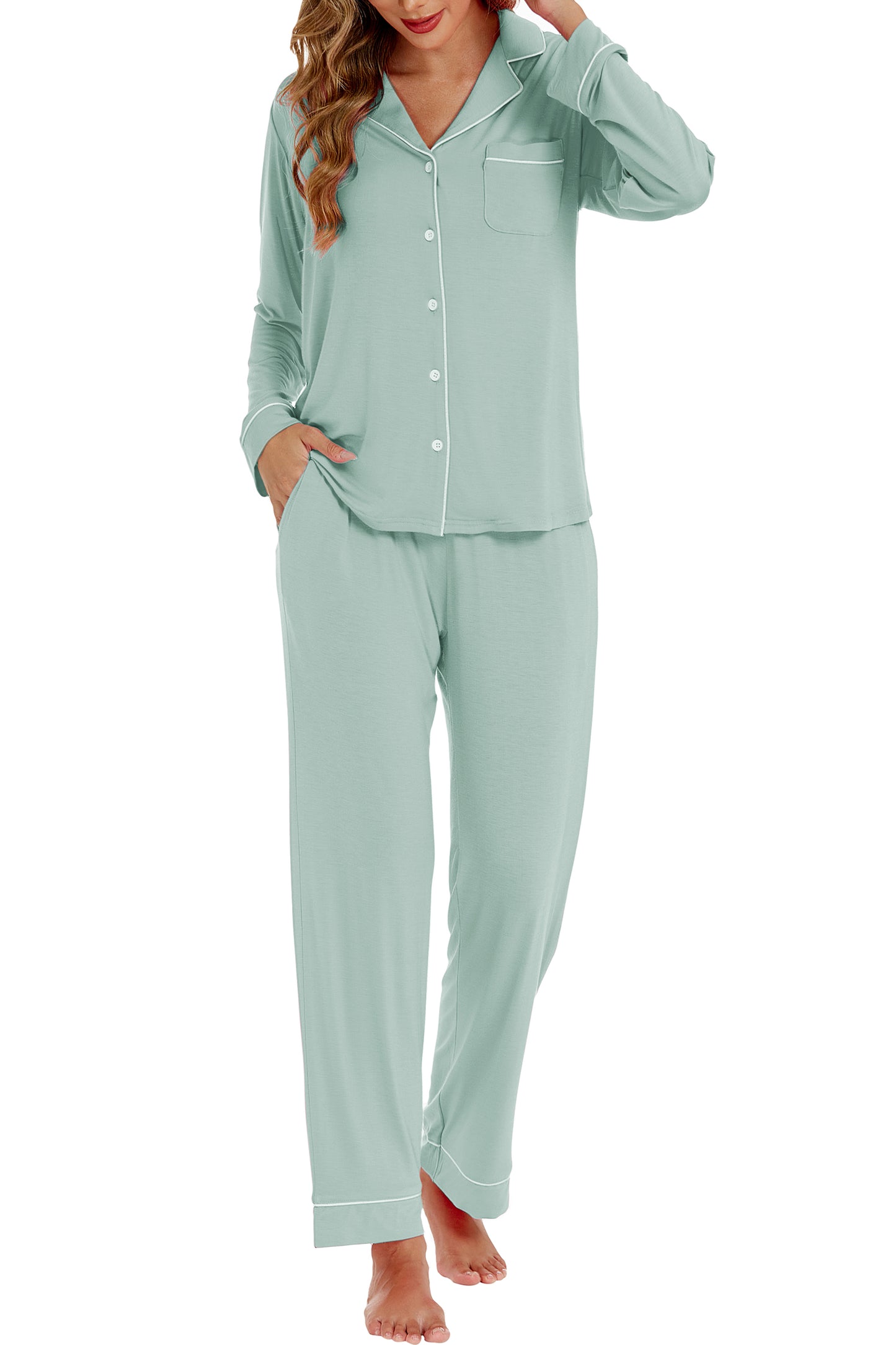 LUBOT Womens Bamboo Viscose Pajamas Set Cooling Super Soft 2 Piece PJ Set Button-Down Long Sleeve