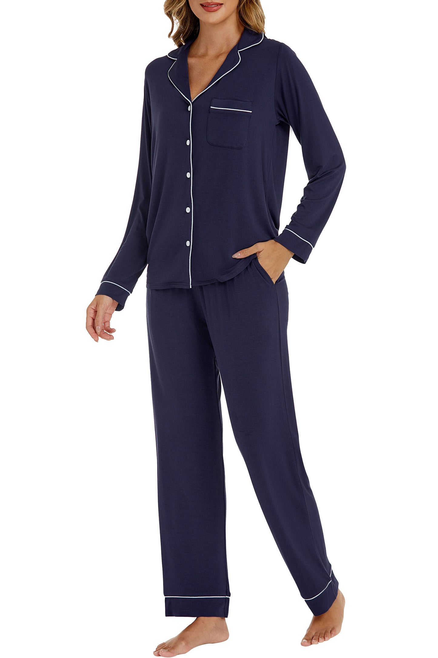 LUBOT Womens Bamboo Viscose Pajamas Set Cooling Super Soft 2 Piece PJ Set Button-Down Long Sleeve