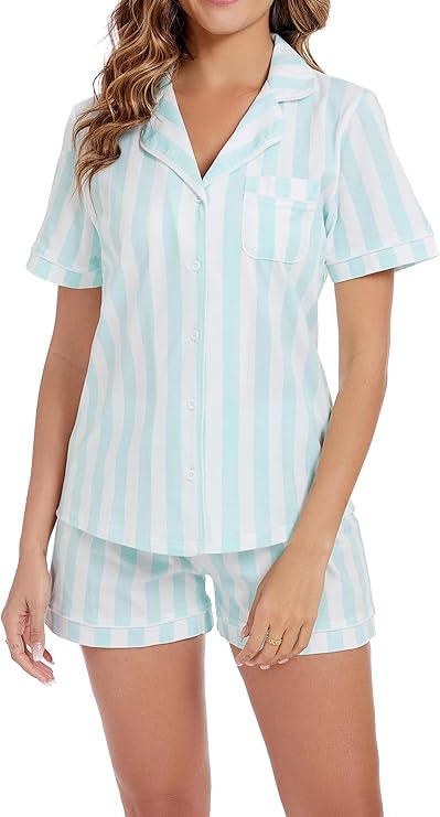 LUBOT 100% Cotton Pajamas for Women 2 Piece PJ Set Button-Down Soft Printed Knit Short Sleeve