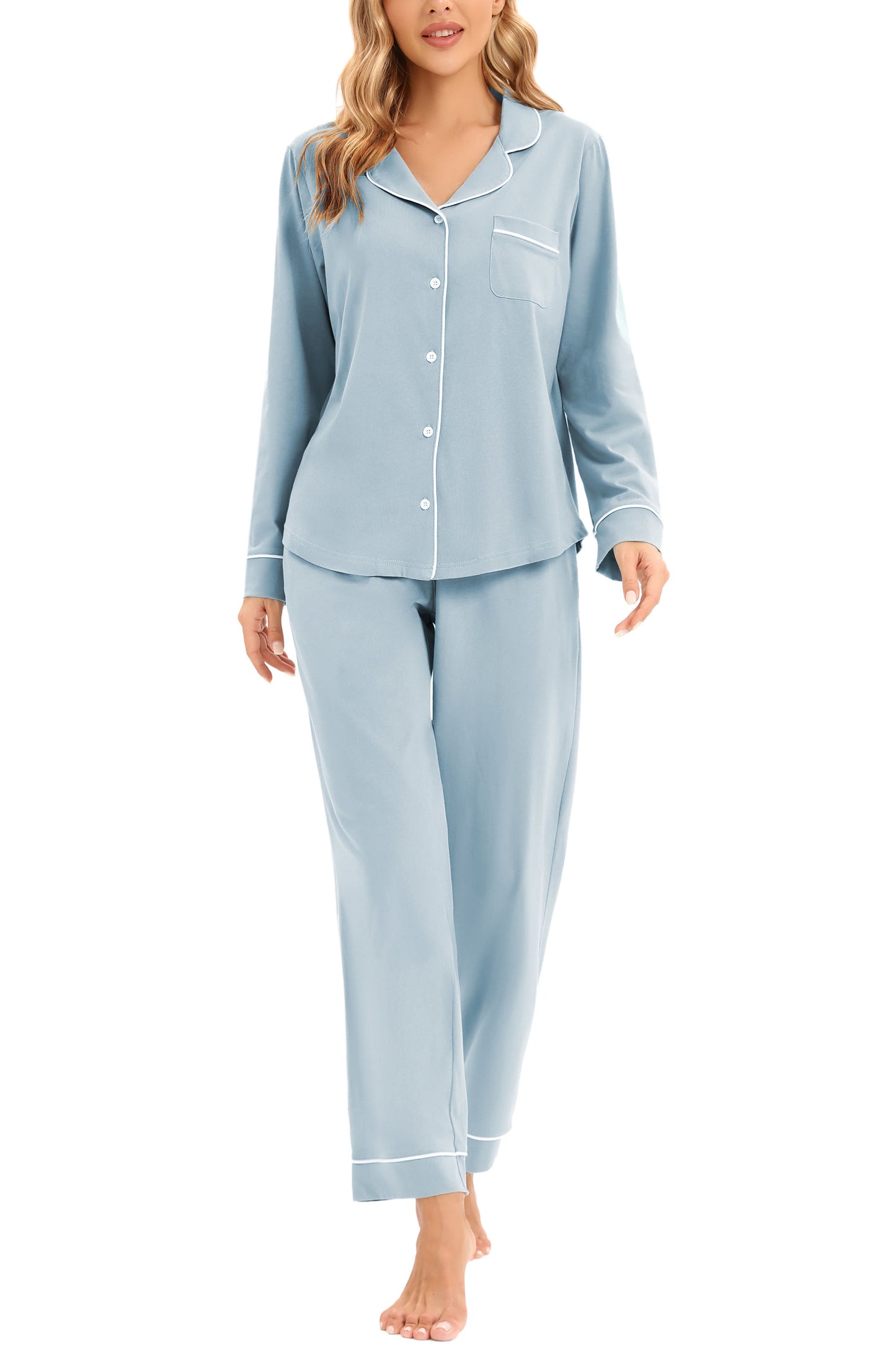 LUBOT 100% Cotton Pajamas for Women PJ Set Soft Button-Down 2 Piece Set Knitted Long Sleeve