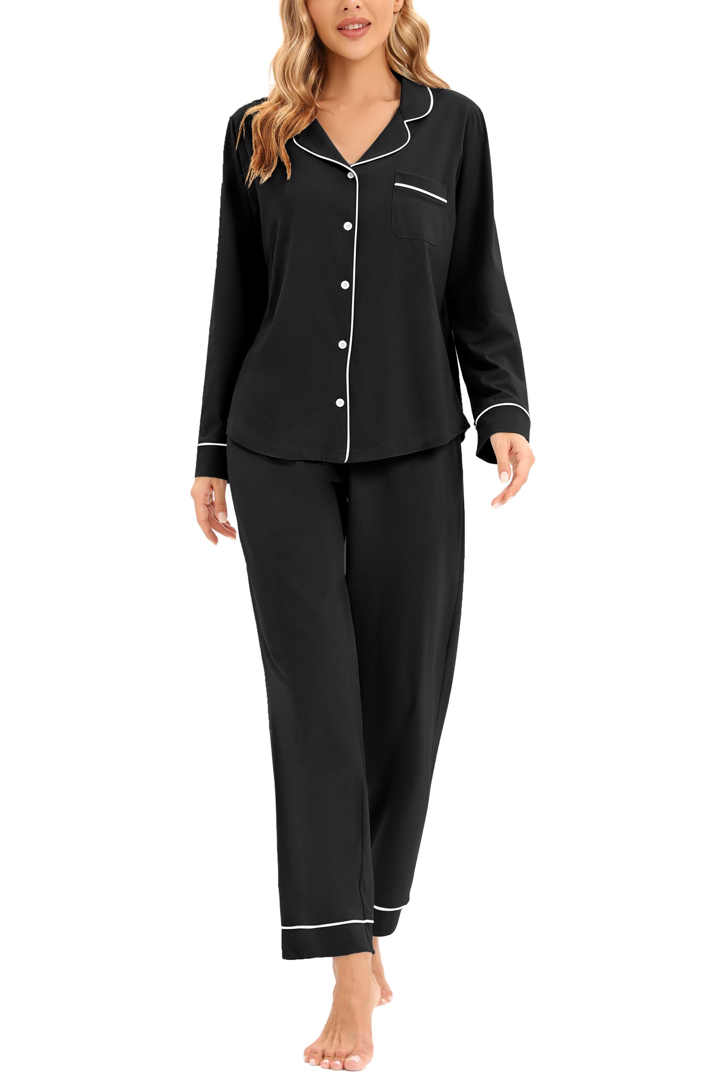 LUBOT 100% Cotton Pajamas for Women PJ Set Soft Button-Down 2 Piece Set Knitted Long Sleeve