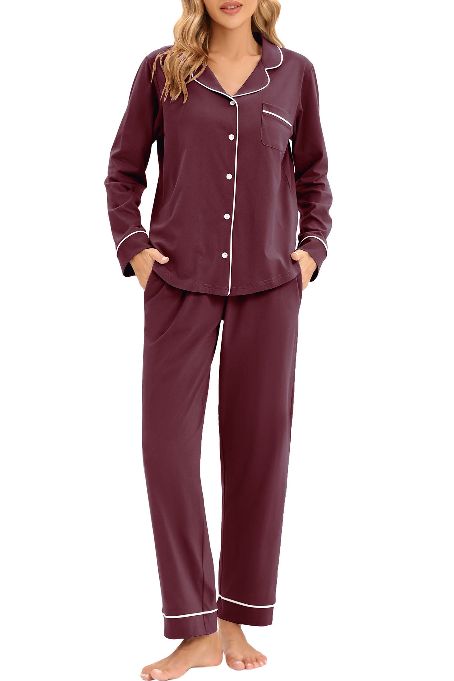 LUBOT 100% Cotton Pajamas for Women PJ Set Soft Button-Down 2 Piece Set Knitted Long Sleeve