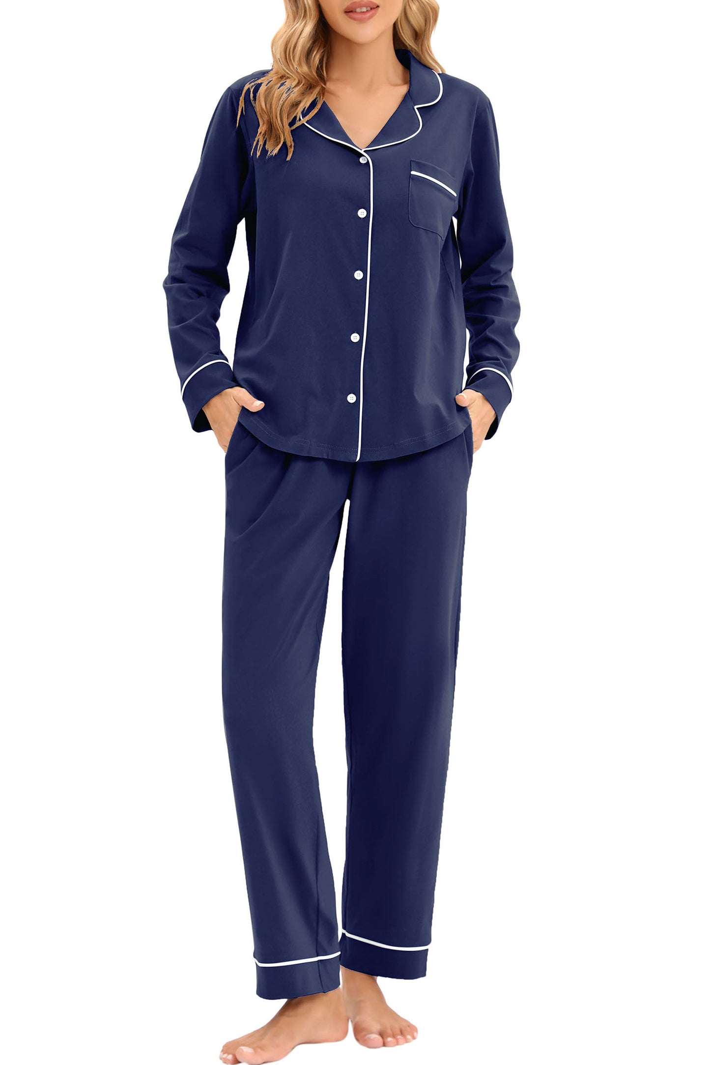 LUBOT 100% Cotton Pajamas for Women PJ Set Soft Button-Down 2 Piece Set Knitted Long Sleeve