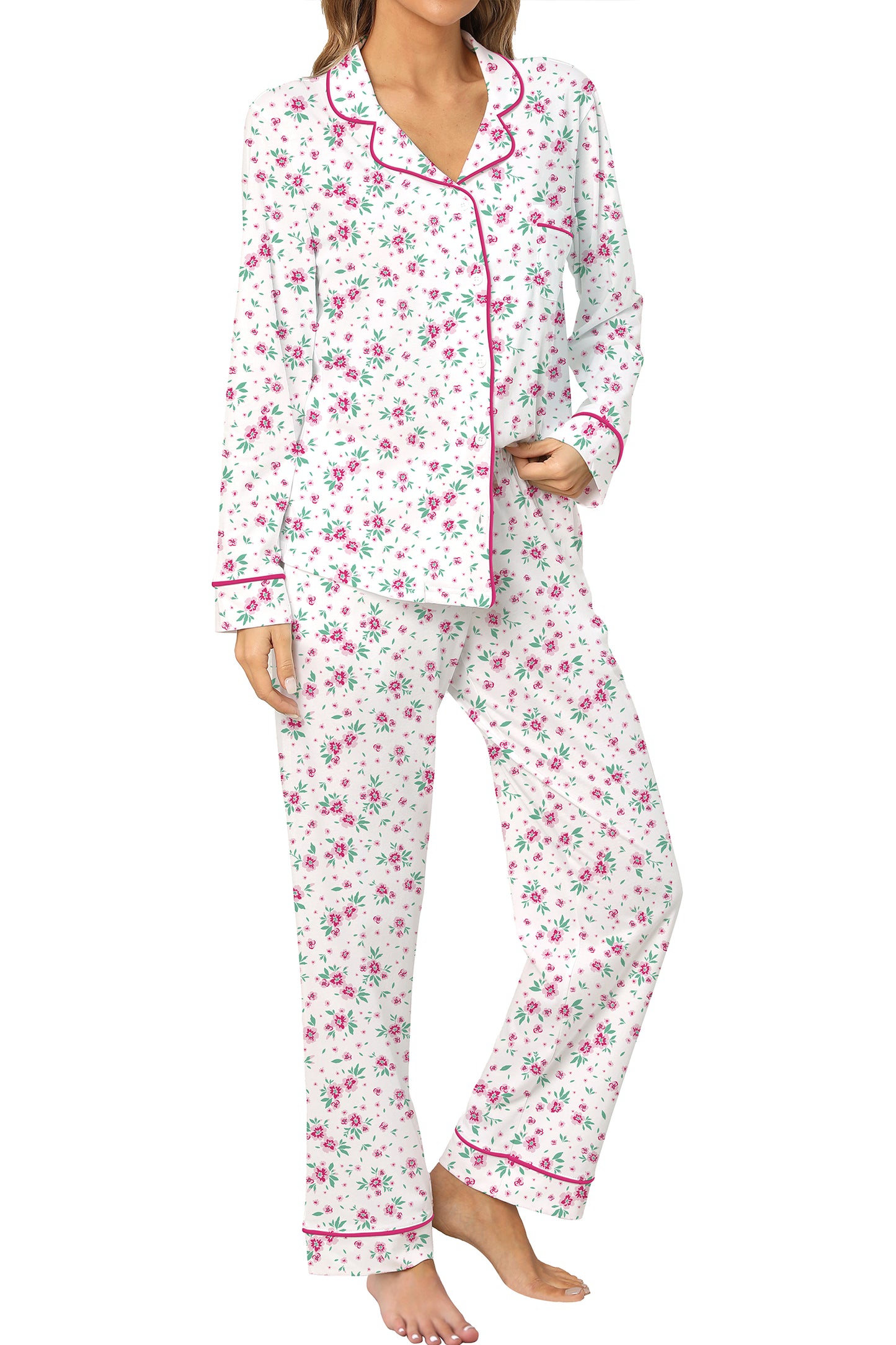 LUBOT 2026 100% Cotton Pajamas for Women PJ Set Soft Button 2 Piece Ladies Printed Knit Long Sleeve