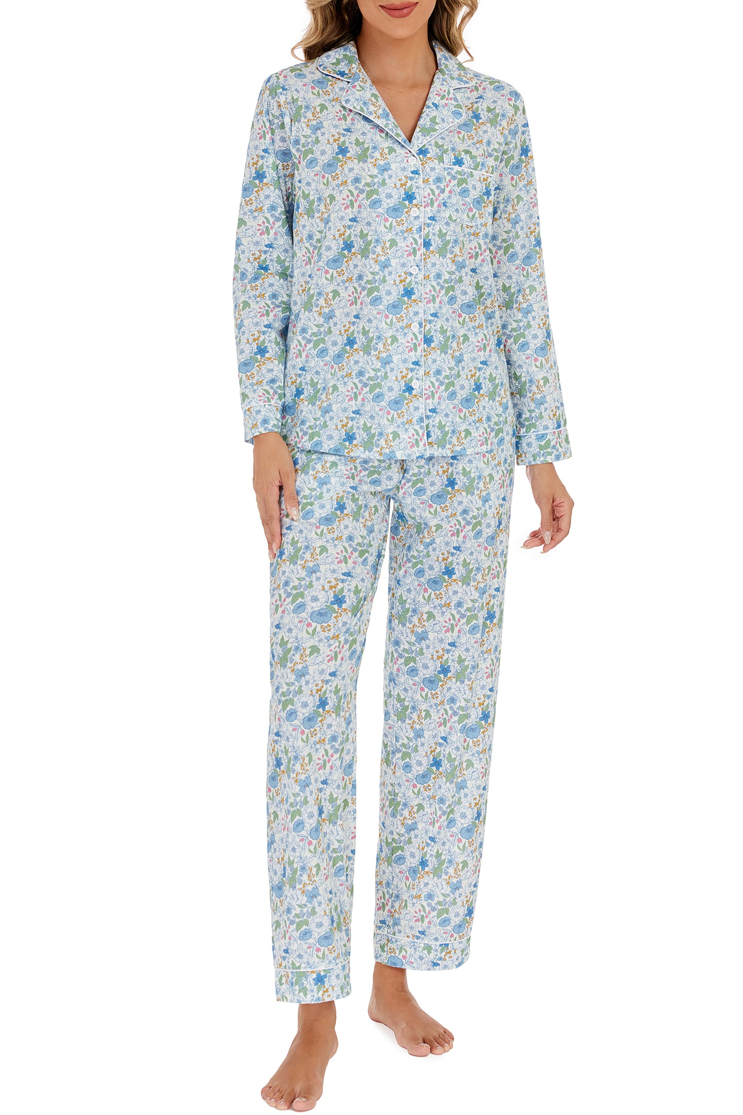 LUBOT 100% Cotton Pajamas for Women 2 Piece PJ Set Woven Poplin Ladies Button Down Long Sleeve Printed Sleepwear