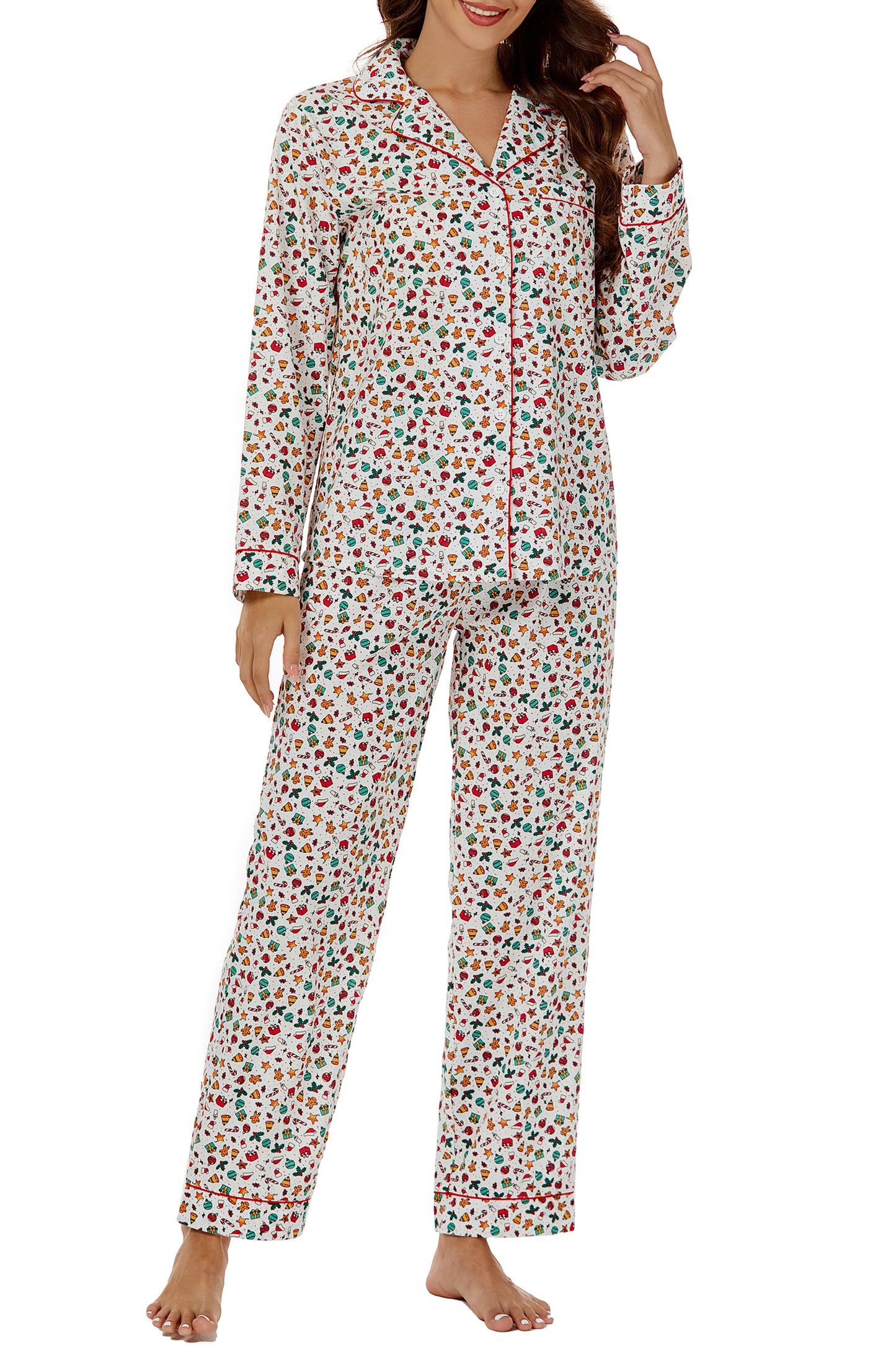 LUBOT 100% Cotton Pajamas for Women 2 Piece PJ Set Woven Poplin Ladies Button Down Long Sleeve Printed Sleepwear