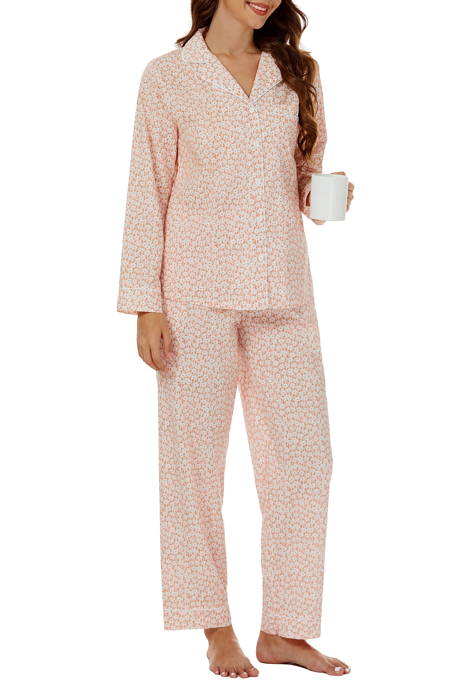LUBOT 100% Cotton Pajamas for Women 2 Piece PJ Set Woven Poplin Ladies Button Down Long Sleeve Printed Sleepwear