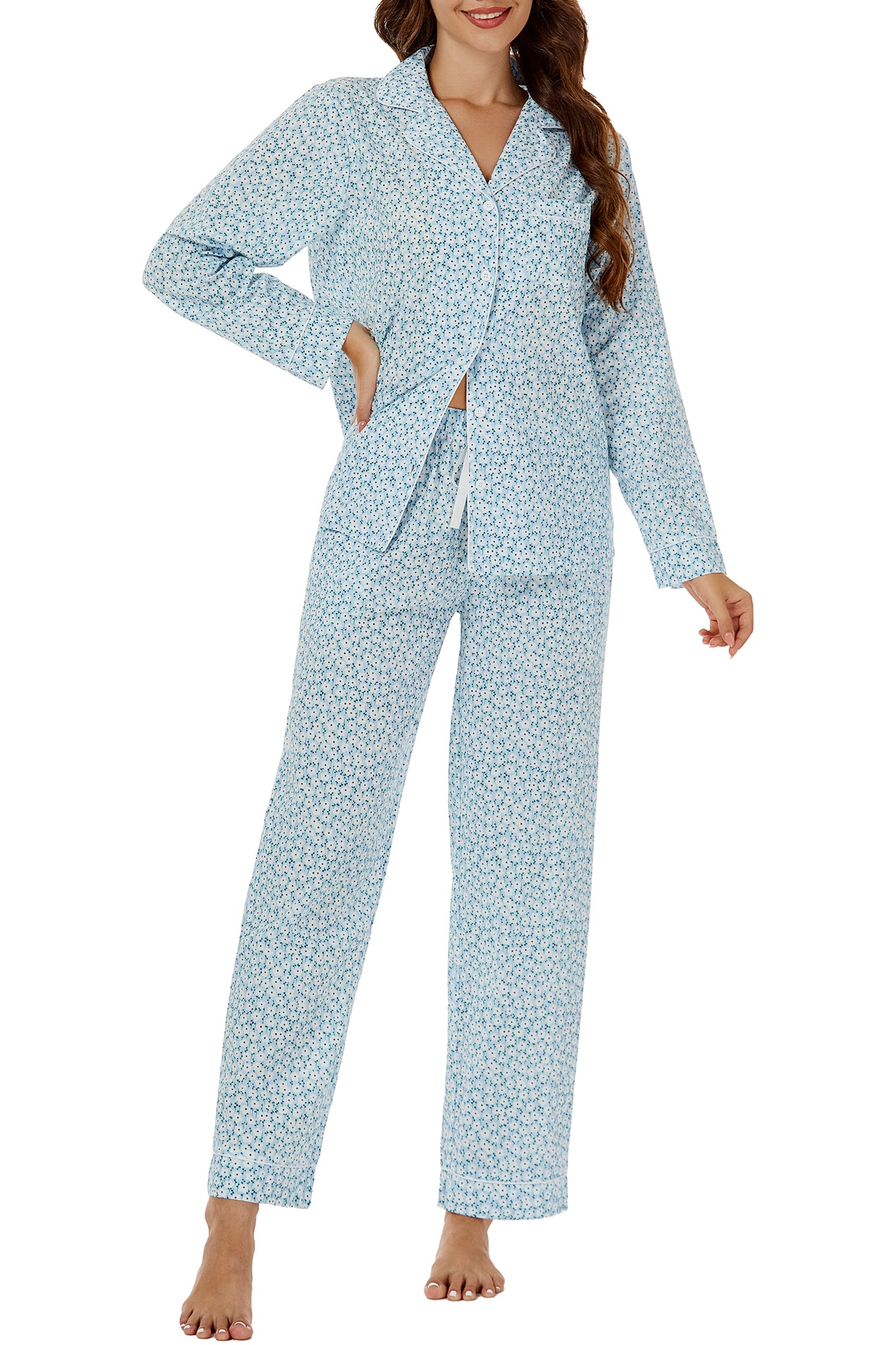 LUBOT 100% Cotton Pajamas for Women 2 Piece PJ Set Woven Poplin Ladies Button Down Long Sleeve Printed Sleepwear
