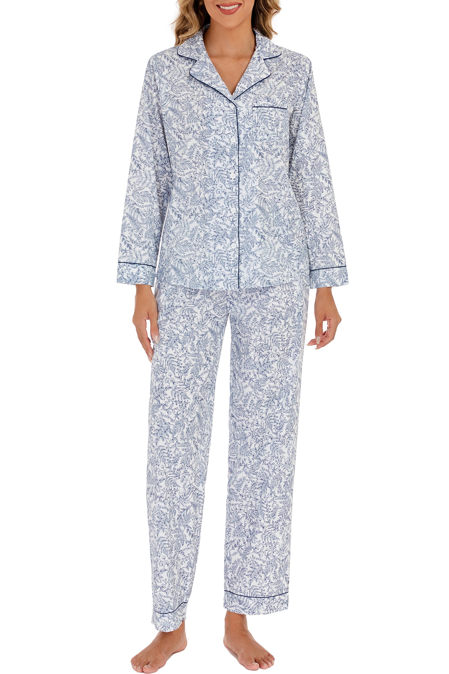 LUBOT 100% Cotton Pajamas for Women 2 Piece PJ Set Woven Poplin Ladies Button Down Long Sleeve Printed Sleepwear