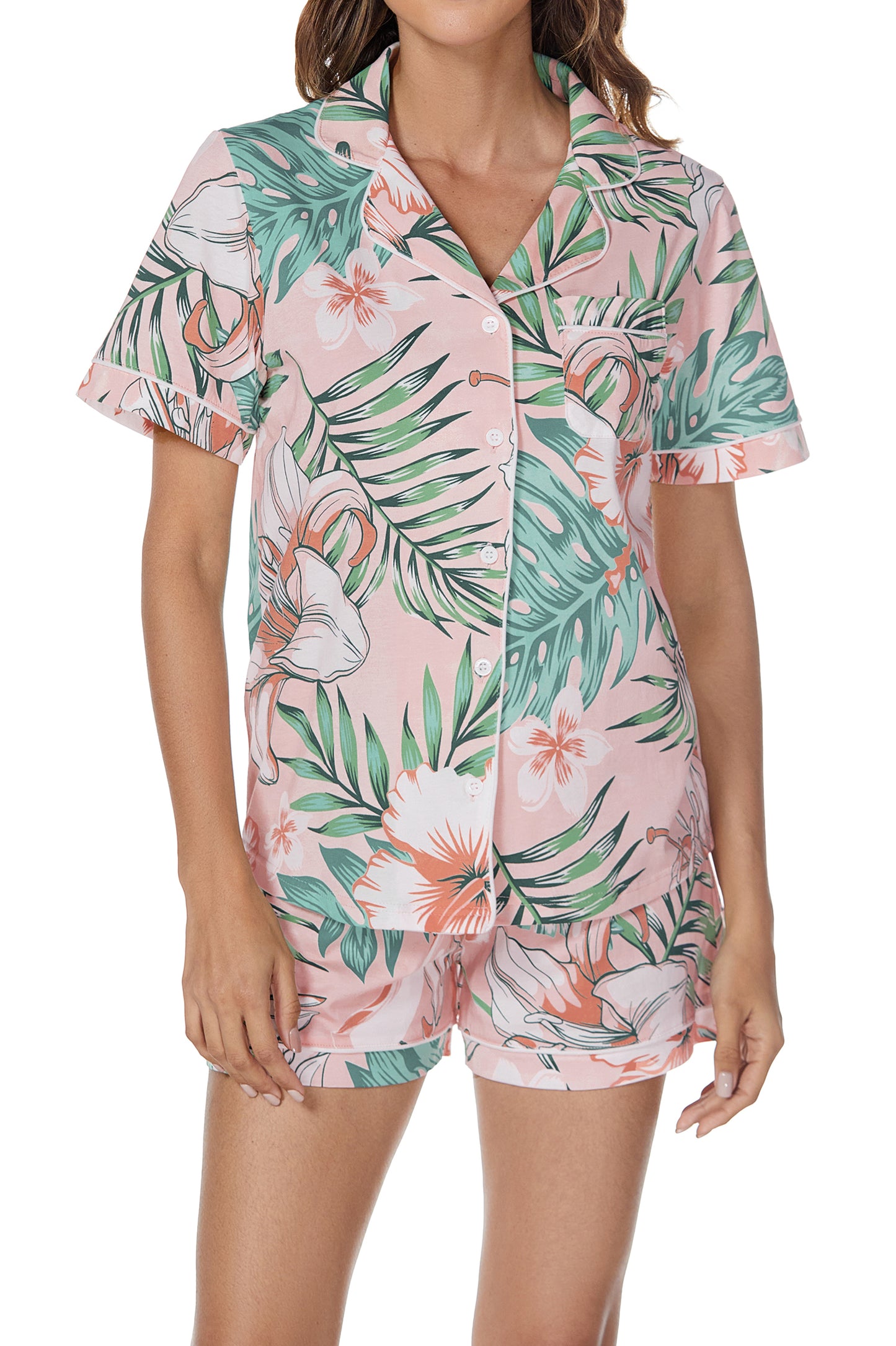 LUBOT 100% Cotton Pajamas for Women 2 Piece PJ Set Button-Down Soft Printed Knit Short Sleeve