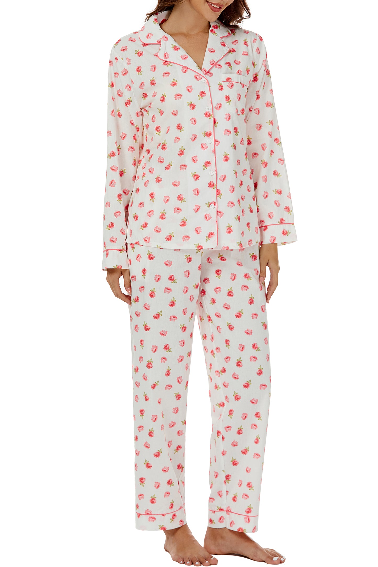 LUBOT 100% Cotton Pajamas for Women 2 Piece PJ Set Woven Poplin Ladies Button Down Long Sleeve Printed Sleepwear