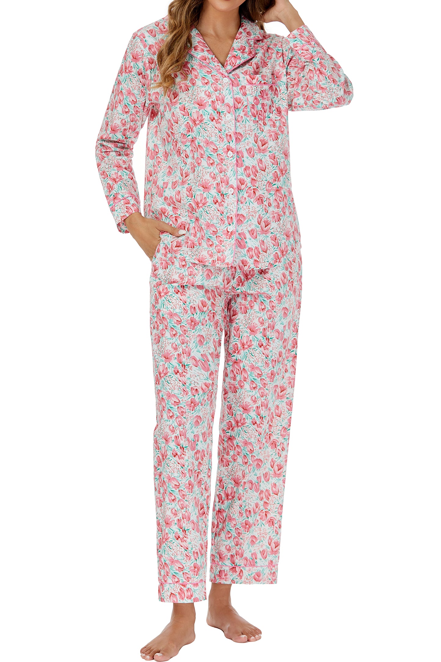 LUBOT 100% Cotton Pajamas for Women 2 Piece PJ Set Woven Poplin Ladies Button Down Long Sleeve Printed Sleepwear