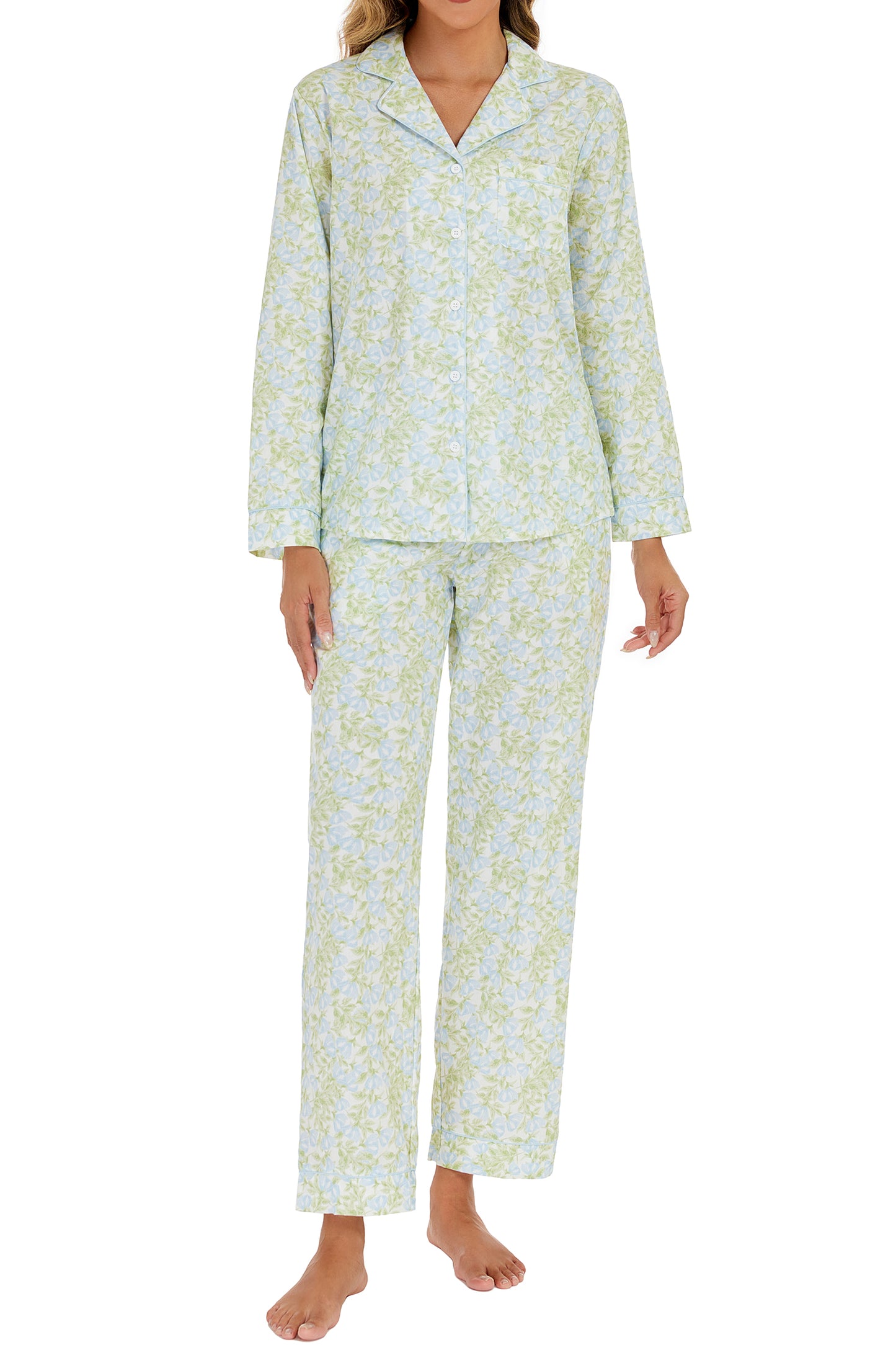 LUBOT 100% Cotton Pajamas for Women 2 Piece PJ Set Woven Poplin Ladies Button Down Long Sleeve Printed Sleepwear