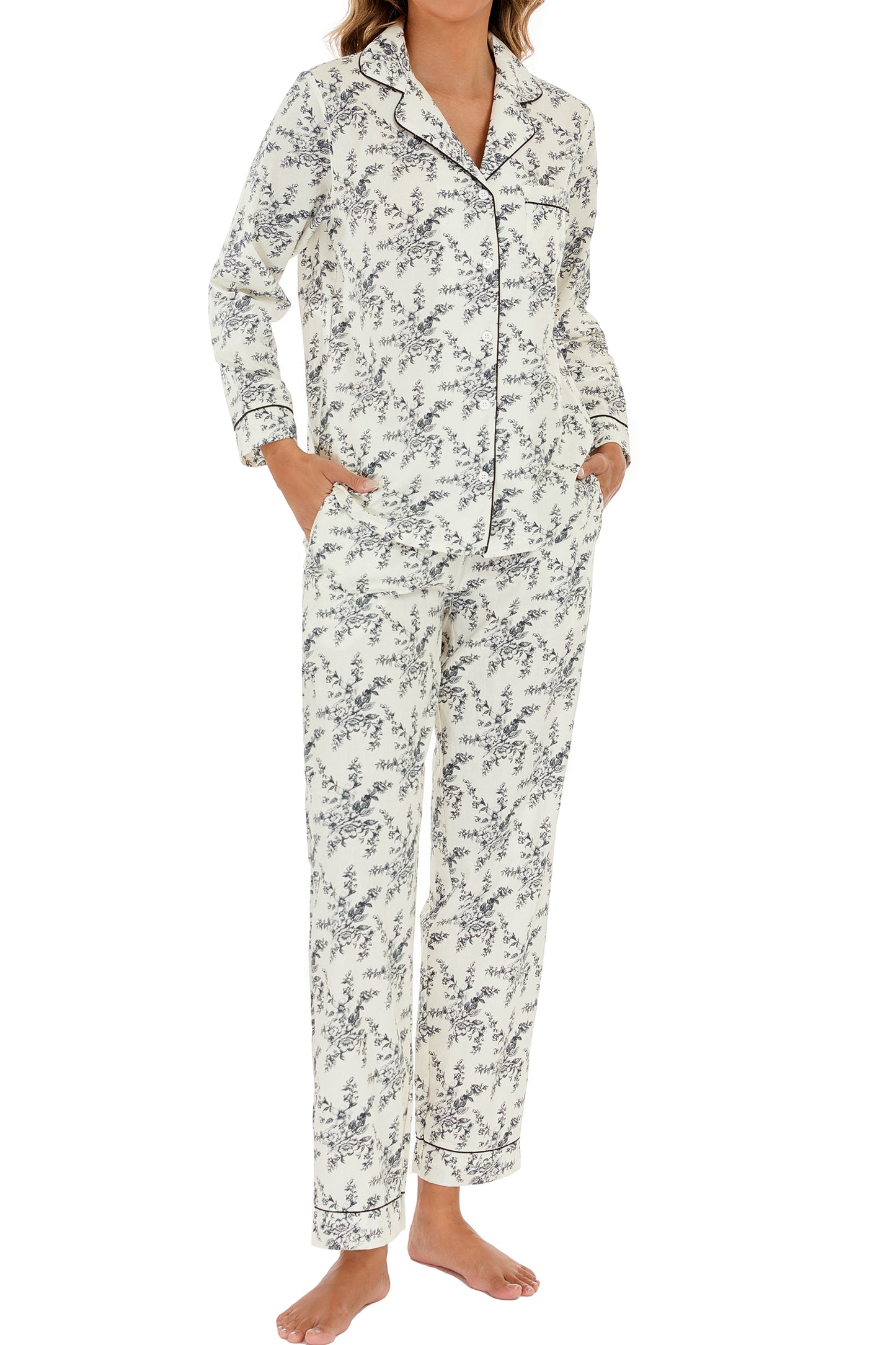 LUBOT 100% Cotton Pajamas for Women 2 Piece PJ Set Woven Poplin Ladies Button Down Long Sleeve Printed Sleepwear