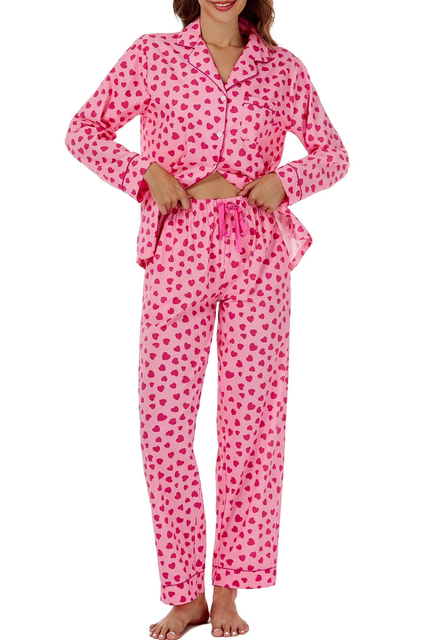 LUBOT 100% Cotton Pajamas for Women 2 Piece PJ Set Woven Poplin Ladies Button Down Long Sleeve Printed Sleepwear