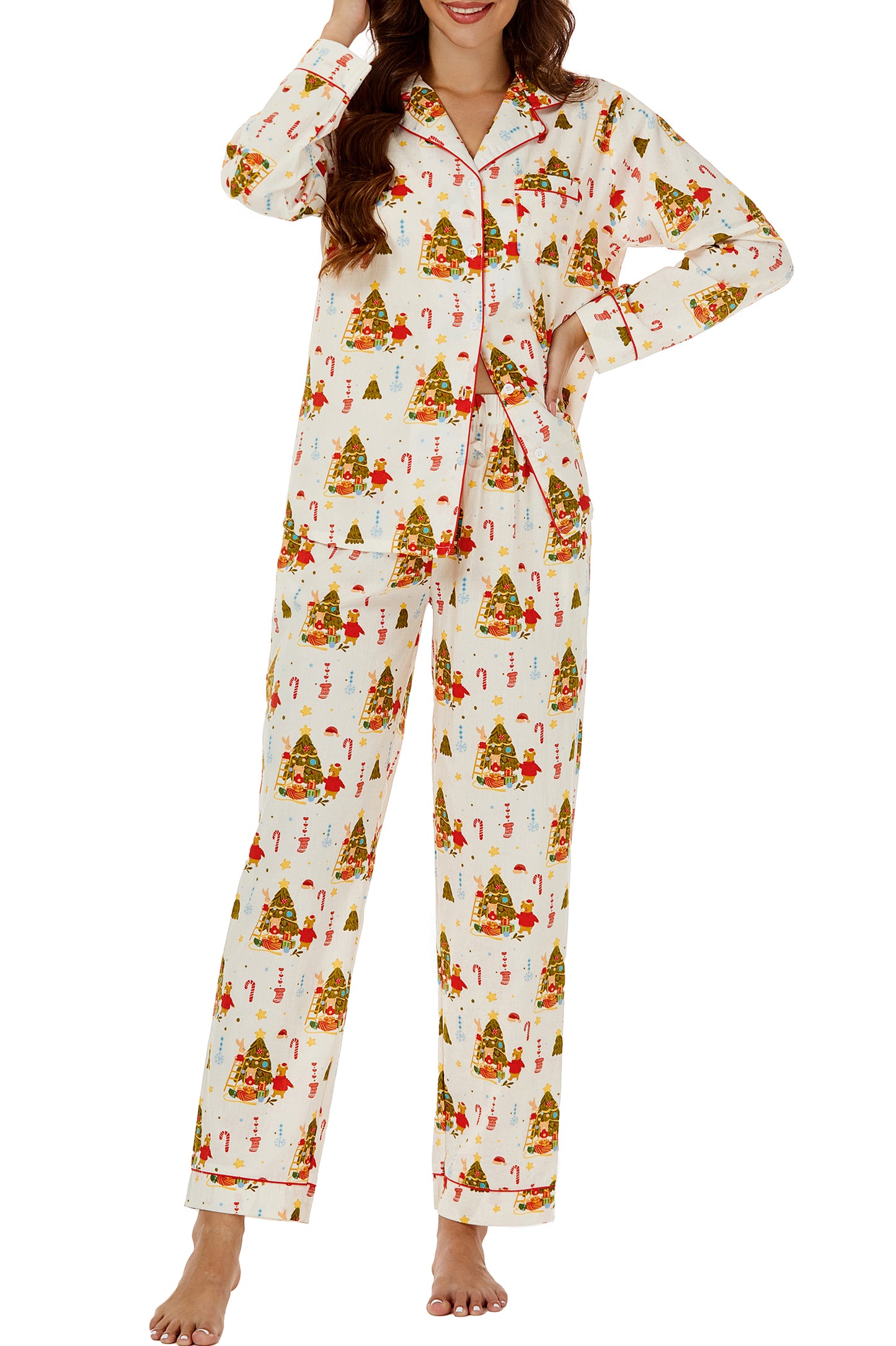 LUBOT 100% Cotton Pajamas for Women 2 Piece PJ Set Woven Poplin Ladies Button Down Long Sleeve Printed Sleepwear