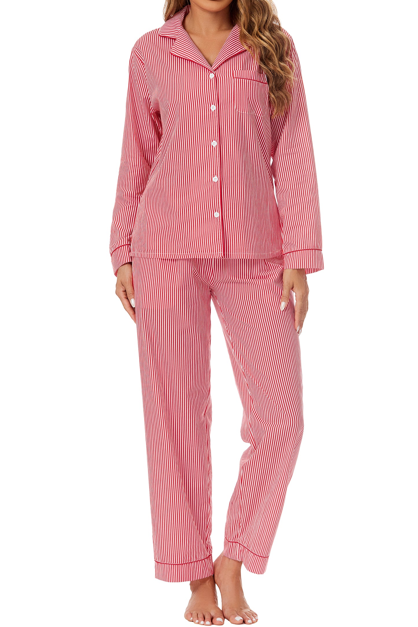 LUBOT 100% Cotton Pajamas for Women 2 Piece PJ Set Woven Poplin Ladies Button Down Long Sleeve Printed Sleepwear