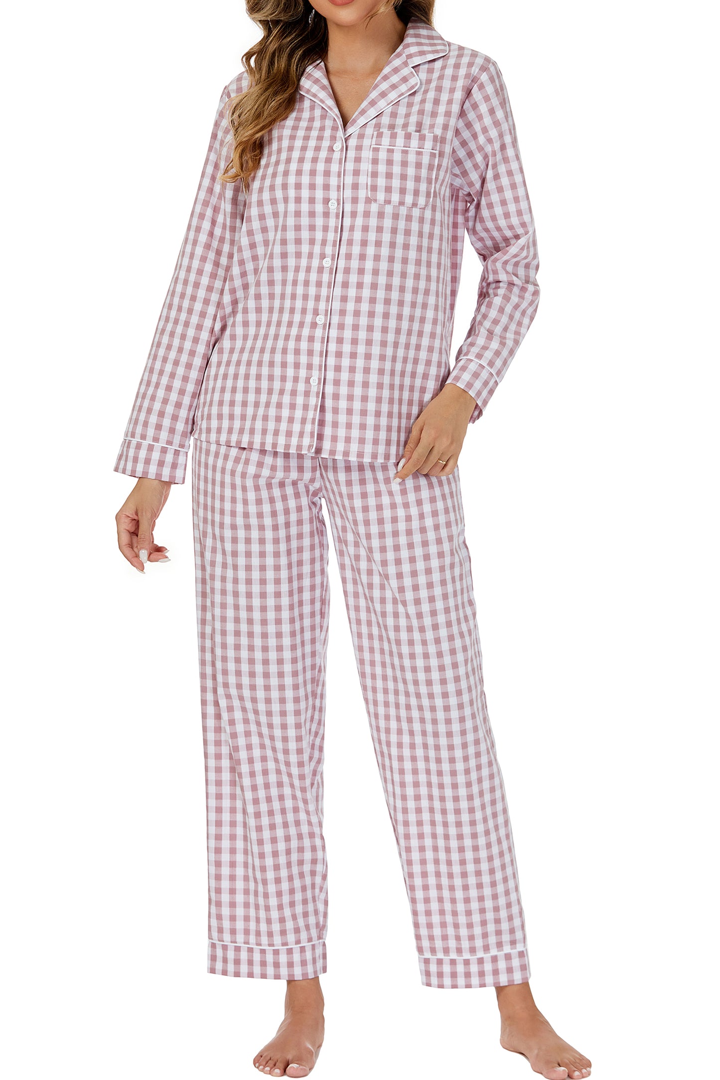 LUBOT 100% Cotton Pajamas for Women 2 Piece PJ Set Woven Poplin Ladies Button Down Long Sleeve Printed Sleepwear