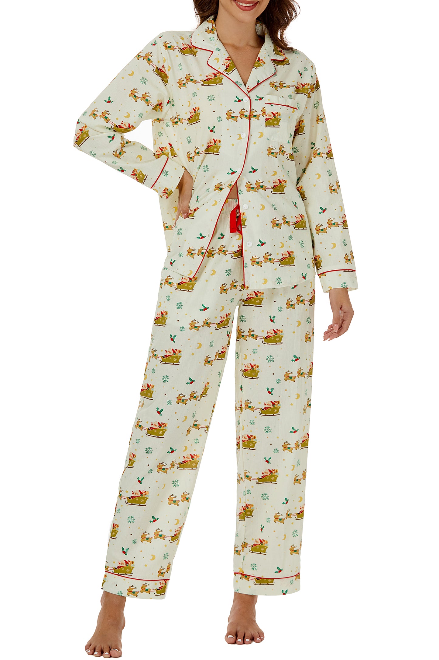 LUBOT 100% Cotton Pajamas for Women 2 Piece PJ Set Woven Poplin Ladies Button Down Long Sleeve Printed Sleepwear