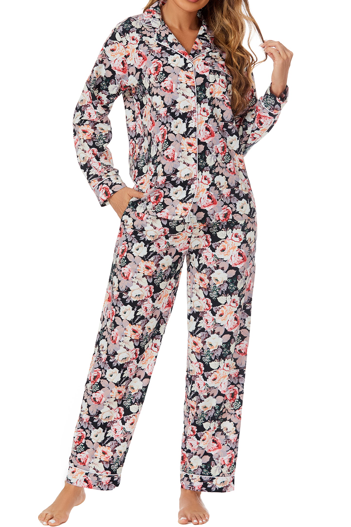 LUBOT 100% Cotton Pajamas for Women 2 Piece PJ Set Woven Poplin Ladies Button Down Long Sleeve Printed Sleepwear