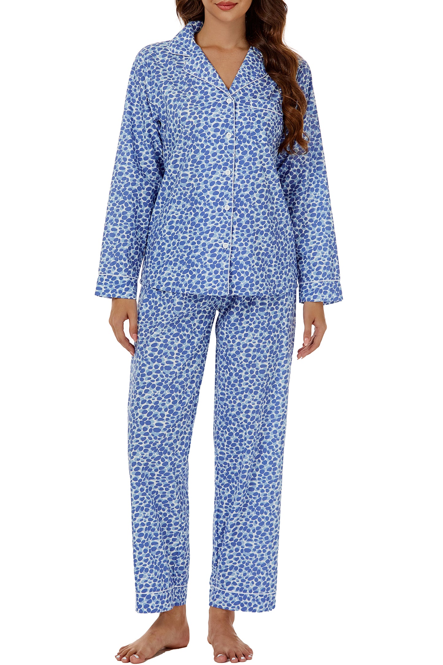 LUBOT 100% Cotton Pajamas for Women 2 Piece PJ Set Woven Poplin Ladies Button Down Long Sleeve Printed Sleepwear