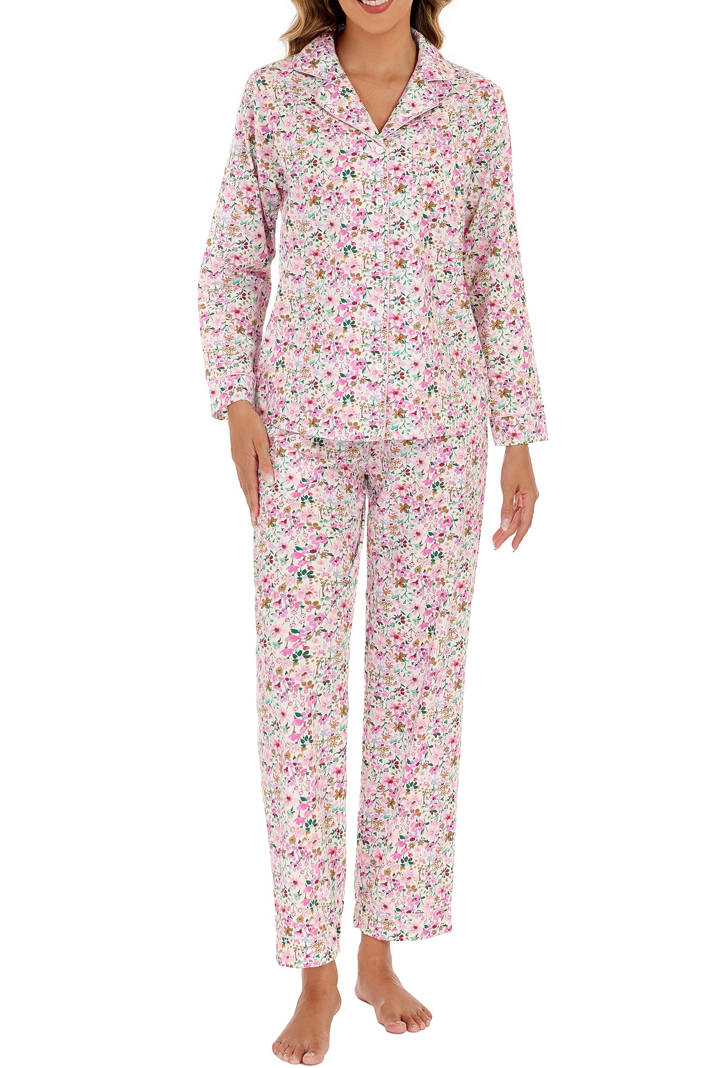 LUBOT 100% Cotton Pajamas for Women 2 Piece PJ Set Woven Poplin Ladies Button Down Long Sleeve Printed Sleepwear