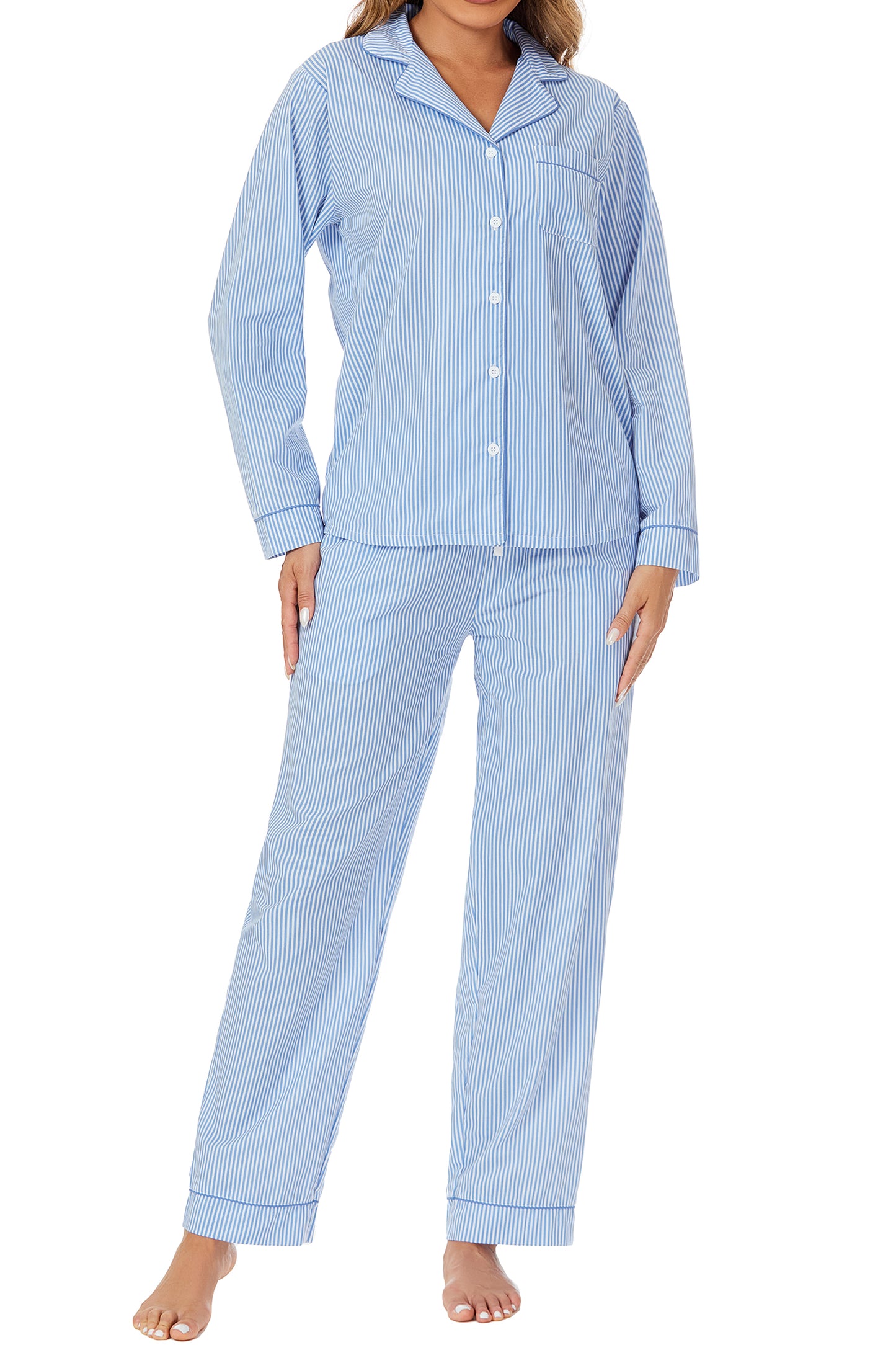 LUBOT 100% Cotton Pajamas for Women 2 Piece PJ Set Woven Poplin Ladies Button Down Long Sleeve Printed Sleepwear
