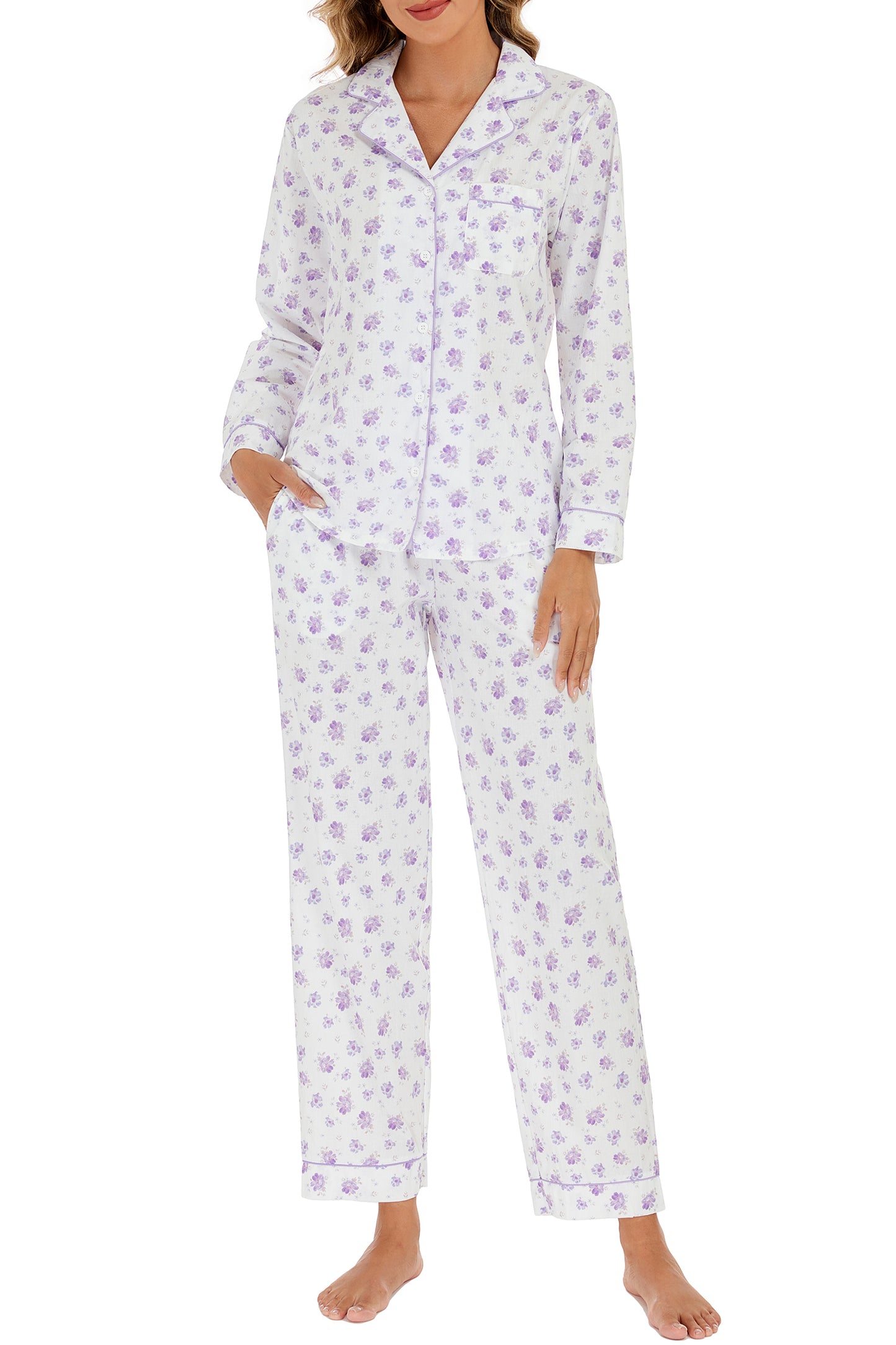 LUBOT 100% Cotton Pajamas for Women 2 Piece PJ Set Woven Poplin Ladies Button Down Long Sleeve Printed Sleepwear
