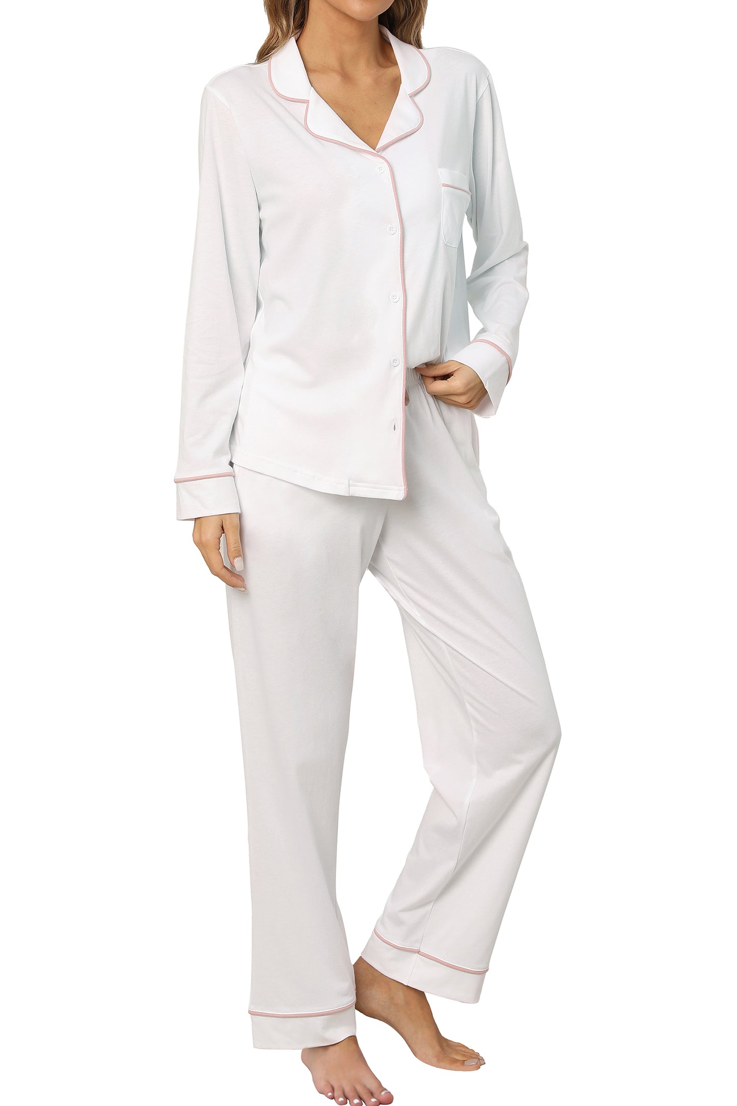 LUBOT 100% Cotton Pajamas for Women PJ Set Soft Button-Down 2 Piece Set Knitted Long Sleeve